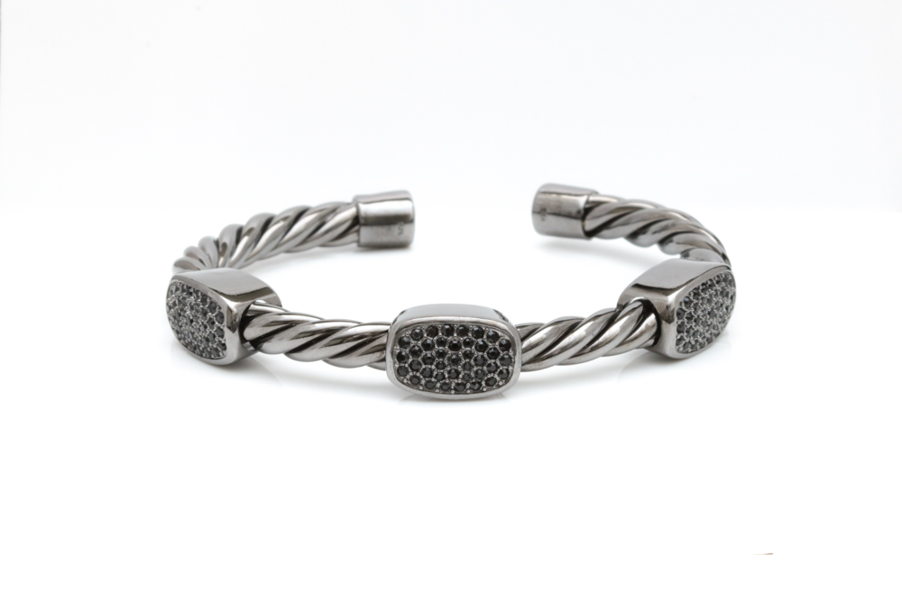 Black Rhodium Plated Sterling Silver and Black Crystal Cuff Bracelet