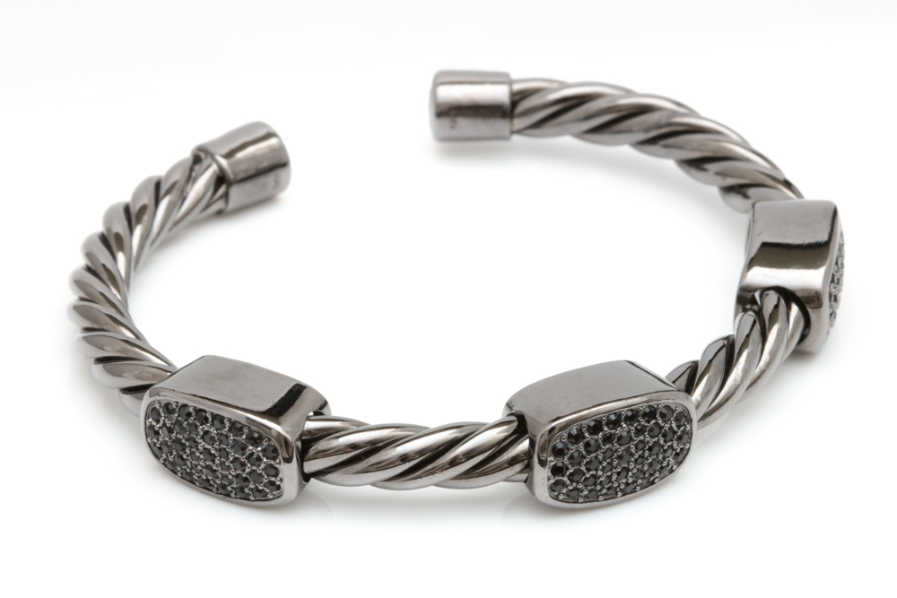 Black Rhodium Plated Sterling Silver and Black Crystal Cuff Bracelet