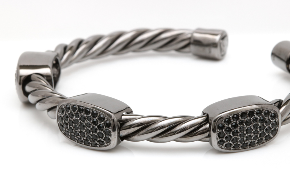 Black Rhodium Plated Sterling Silver and Black Crystal Cuff Bracelet