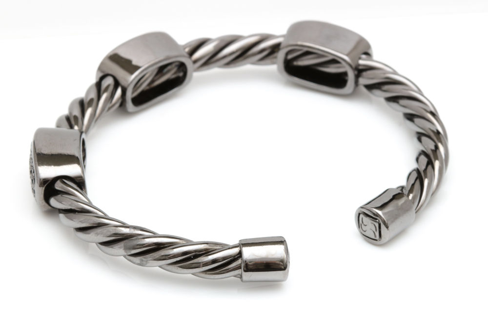 Black Rhodium Plated Sterling Silver and Black Crystal Cuff Bracelet