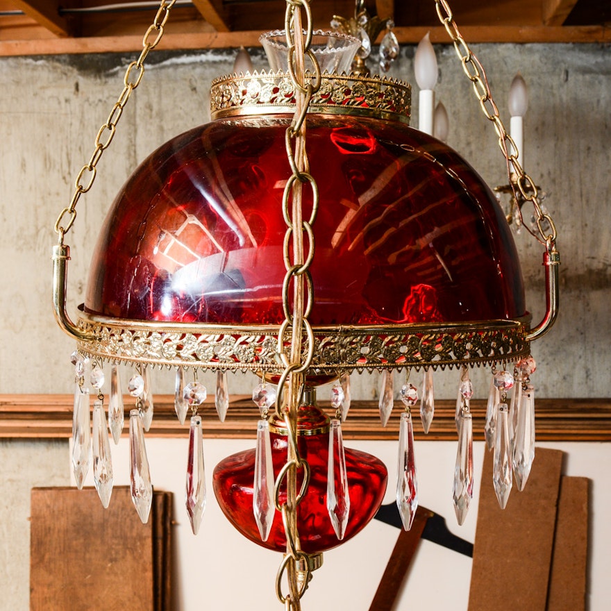 Victorian-Style Cranberry Glass and Prism Pendant Light