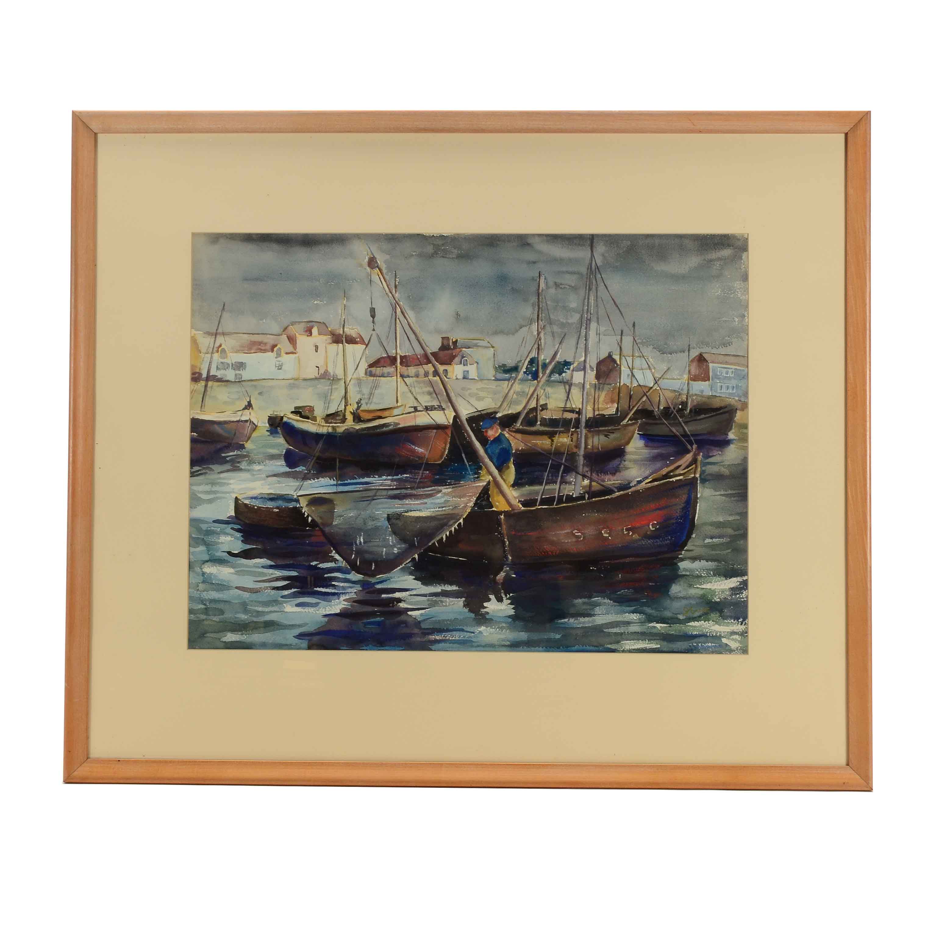 Susanna Dye Ernst Watercolor of Harbor Scene