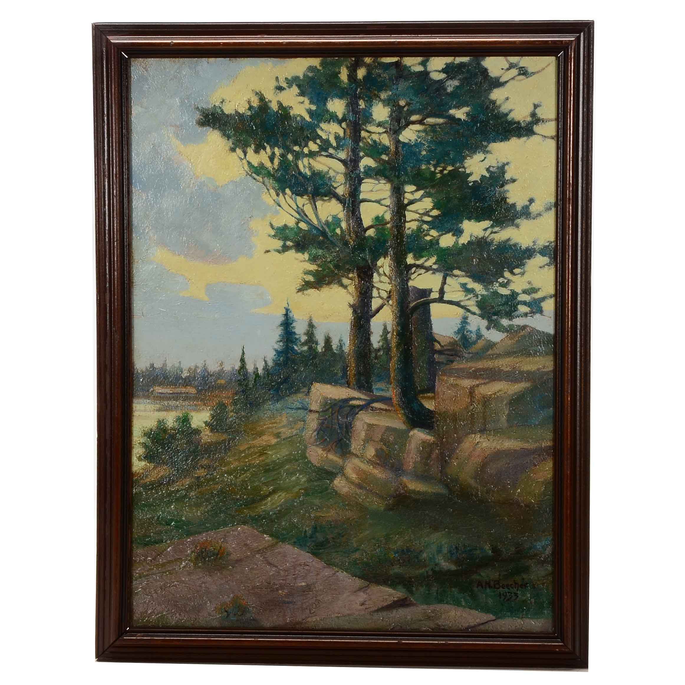 A.H. Beecher Oil Painting of a Landscape