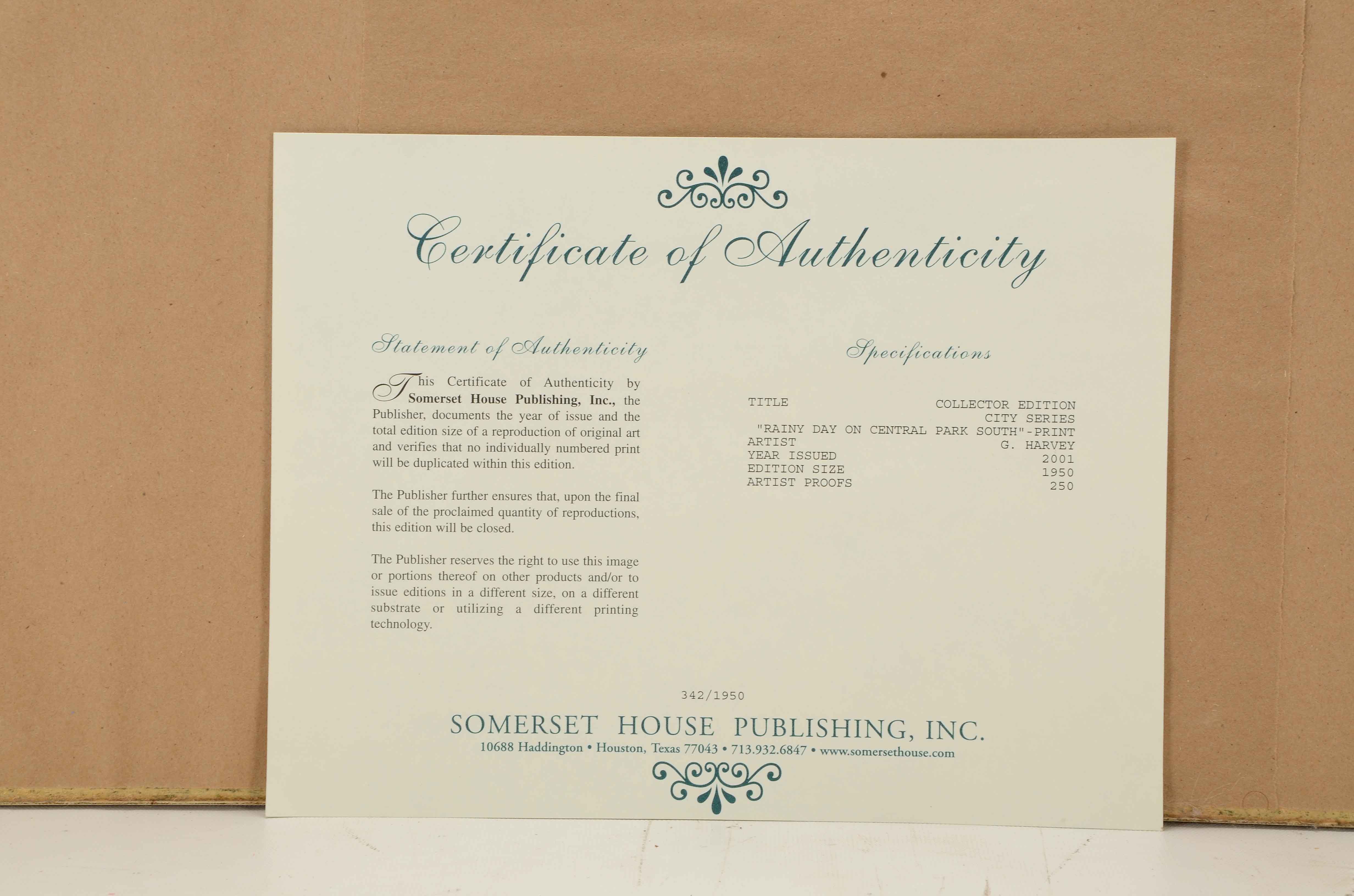 G. Harvey Limited Edition Offset Lithograph "Rainy Day on Central Park South"