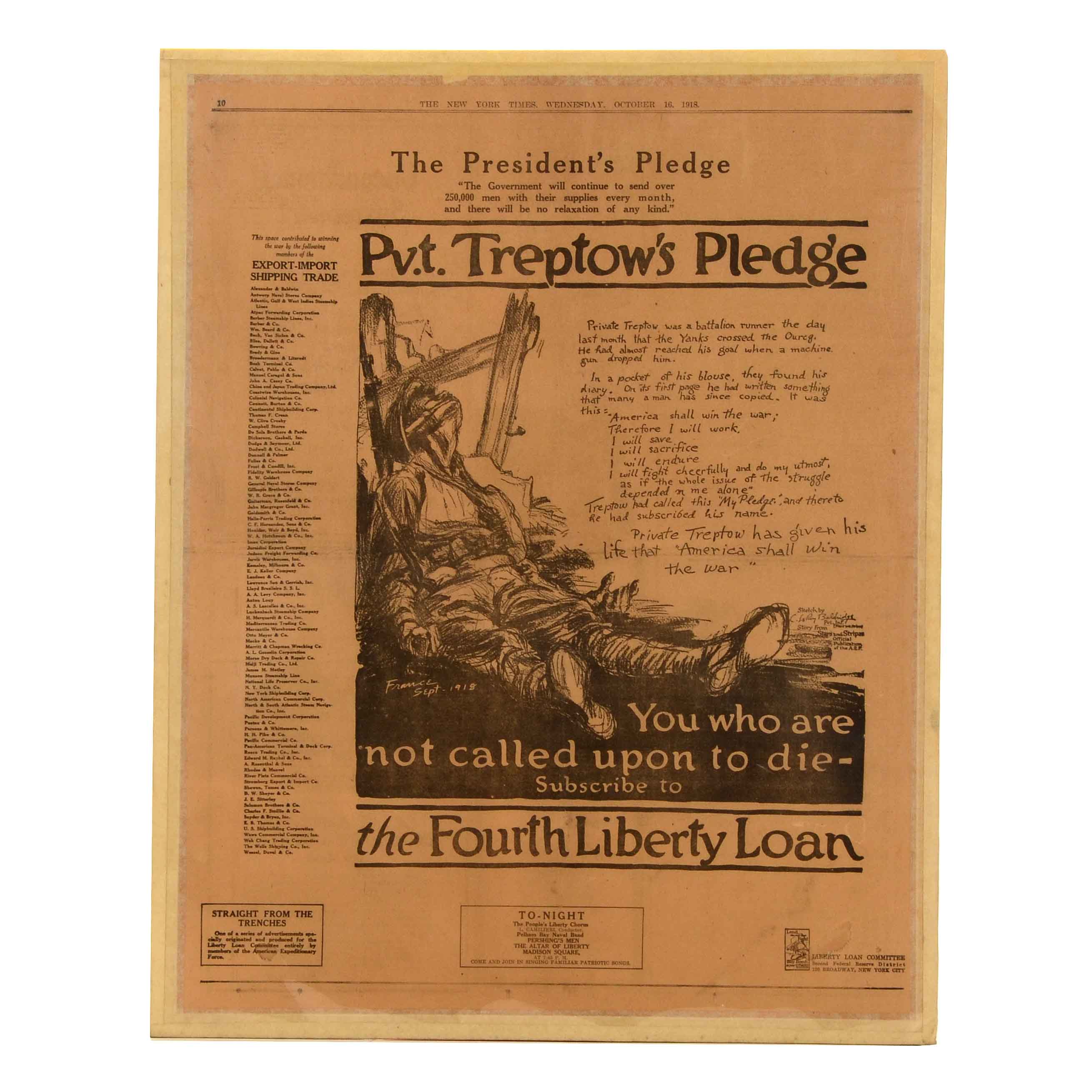 1918 "New York Times" Poster Supplement "Private Treptow's Pledge"