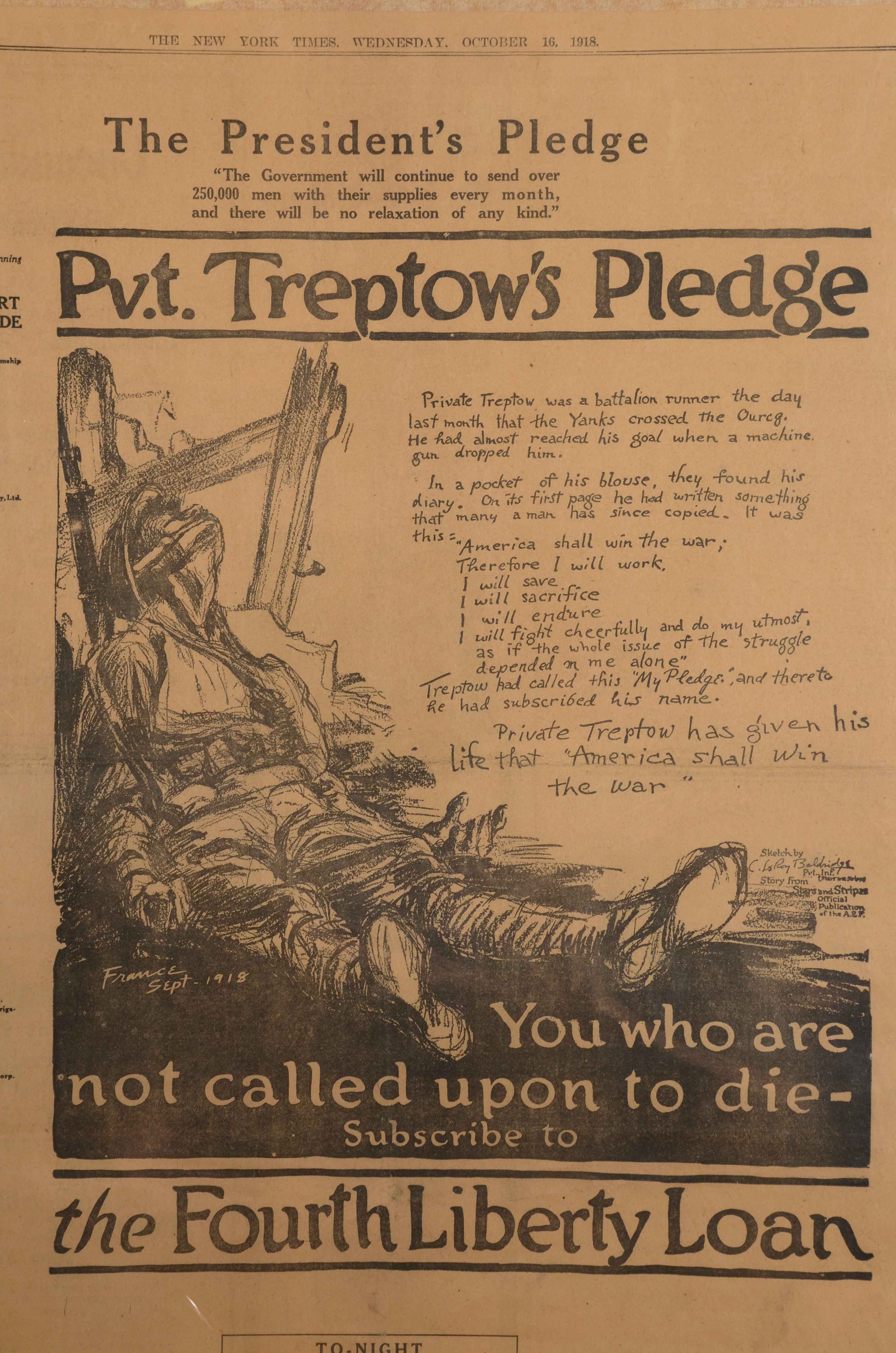 1918 "New York Times" Poster Supplement "Private Treptow's Pledge"