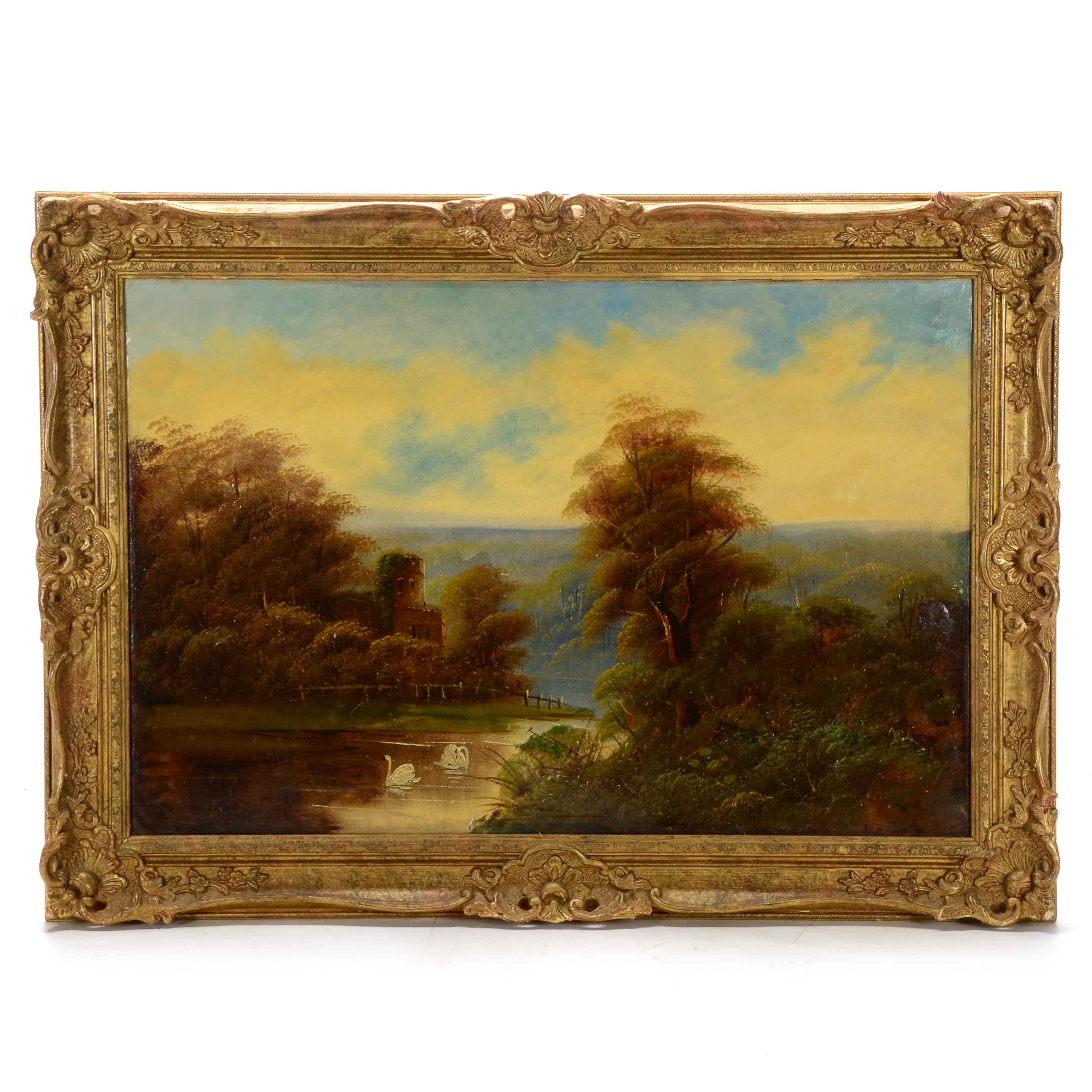 Original Antique Oil on Paperboard Landscape Painting