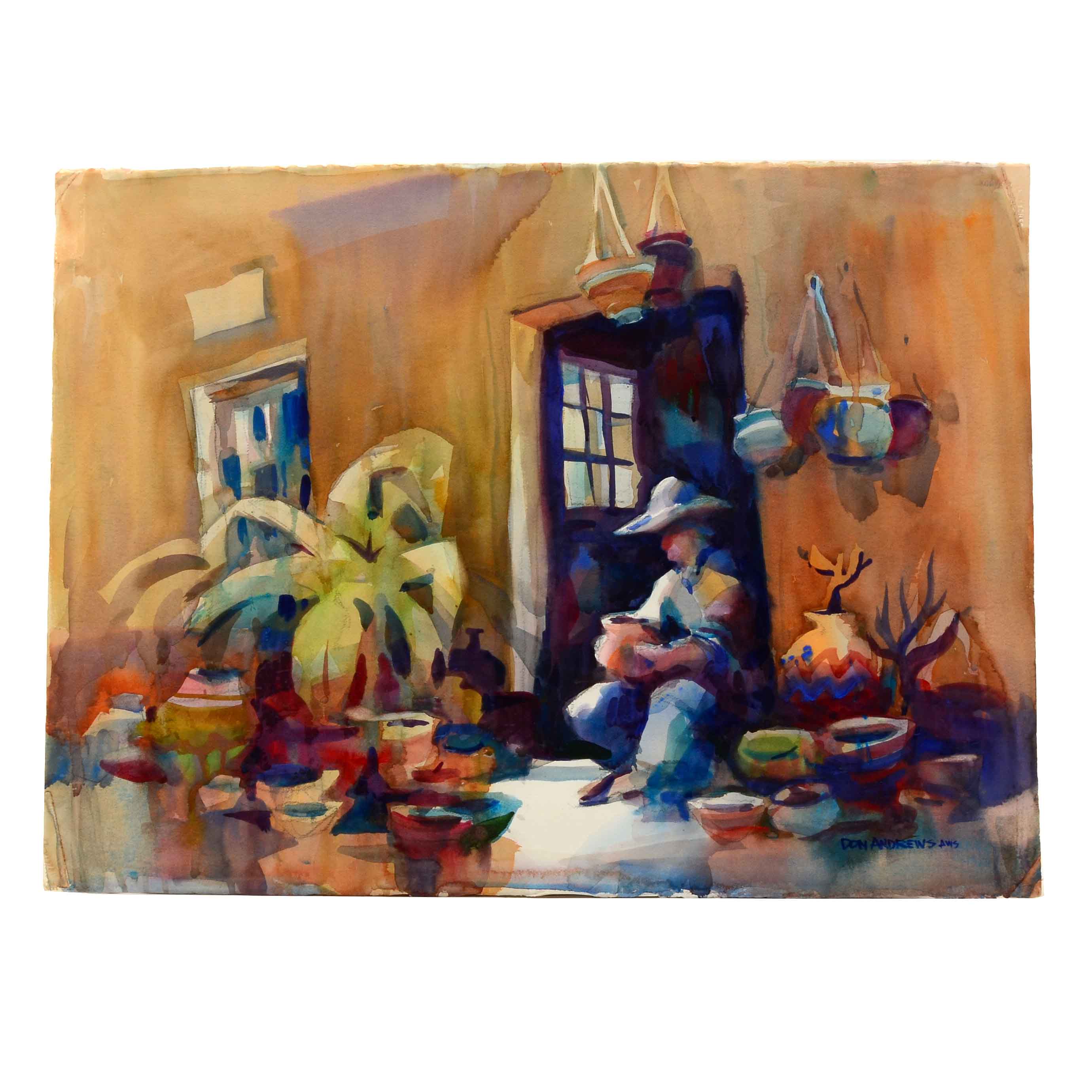 Don Andrews Watercolor on Paper of a Pottery Seller