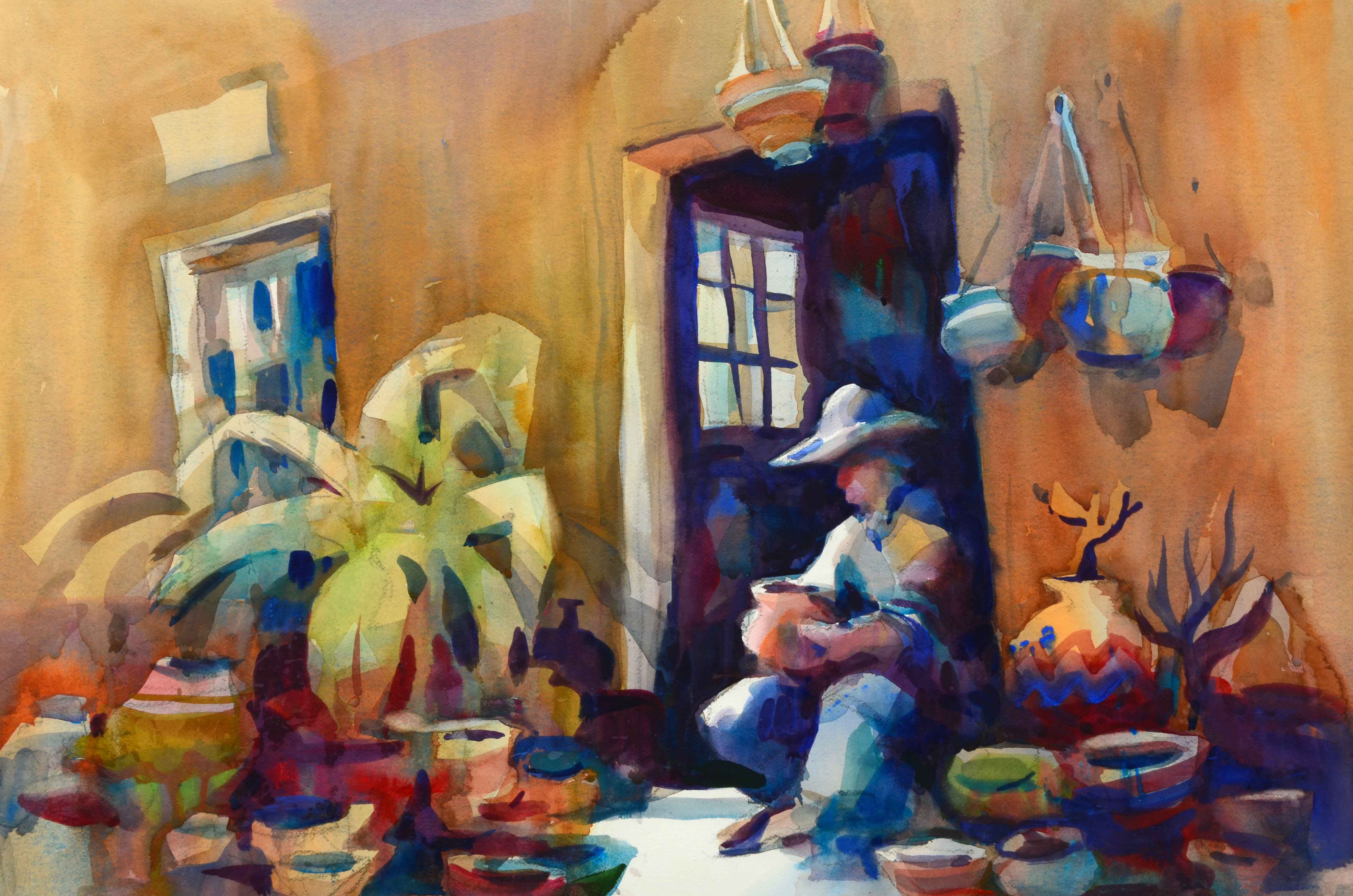 Don Andrews Watercolor on Paper of a Pottery Seller