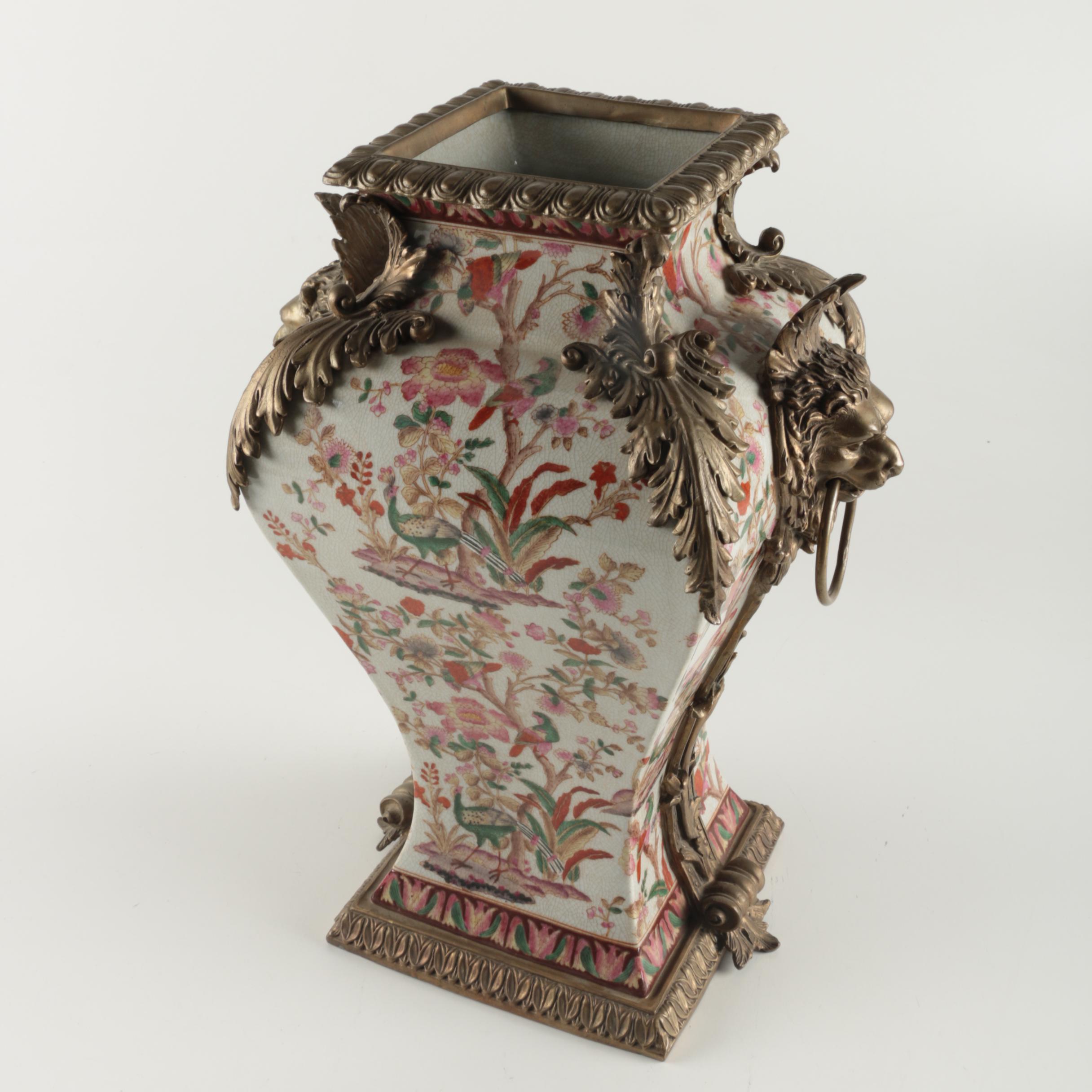 Chinoiserie Porcelain Vase with Brass Tone Ormolu Accents