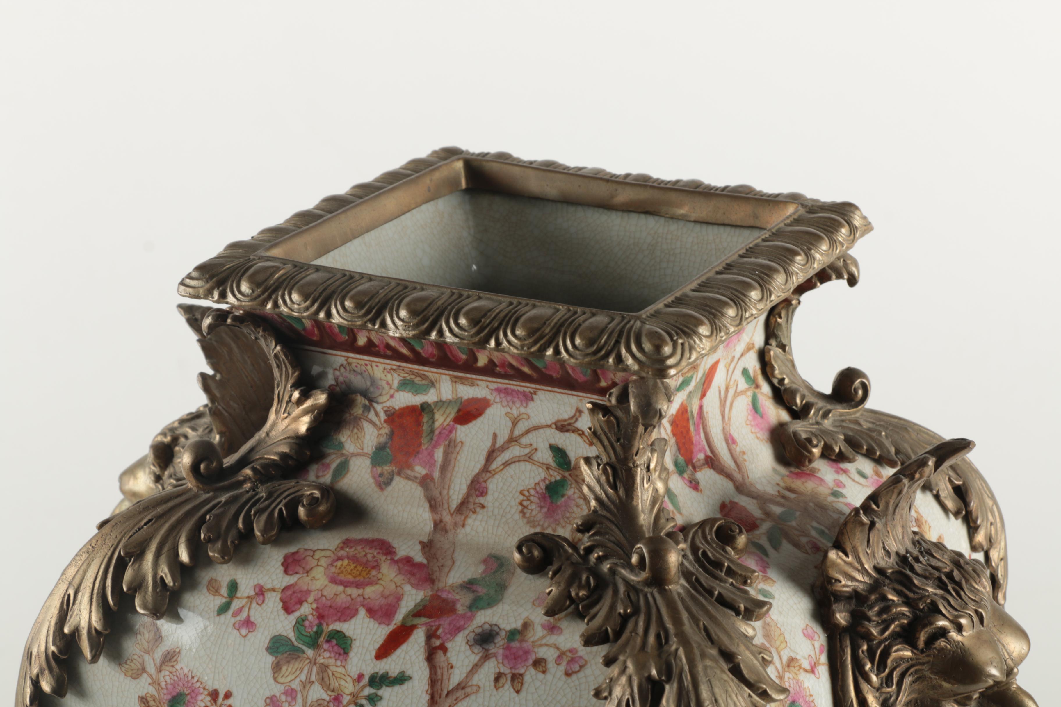 Chinoiserie Porcelain Vase with Brass Tone Ormolu Accents