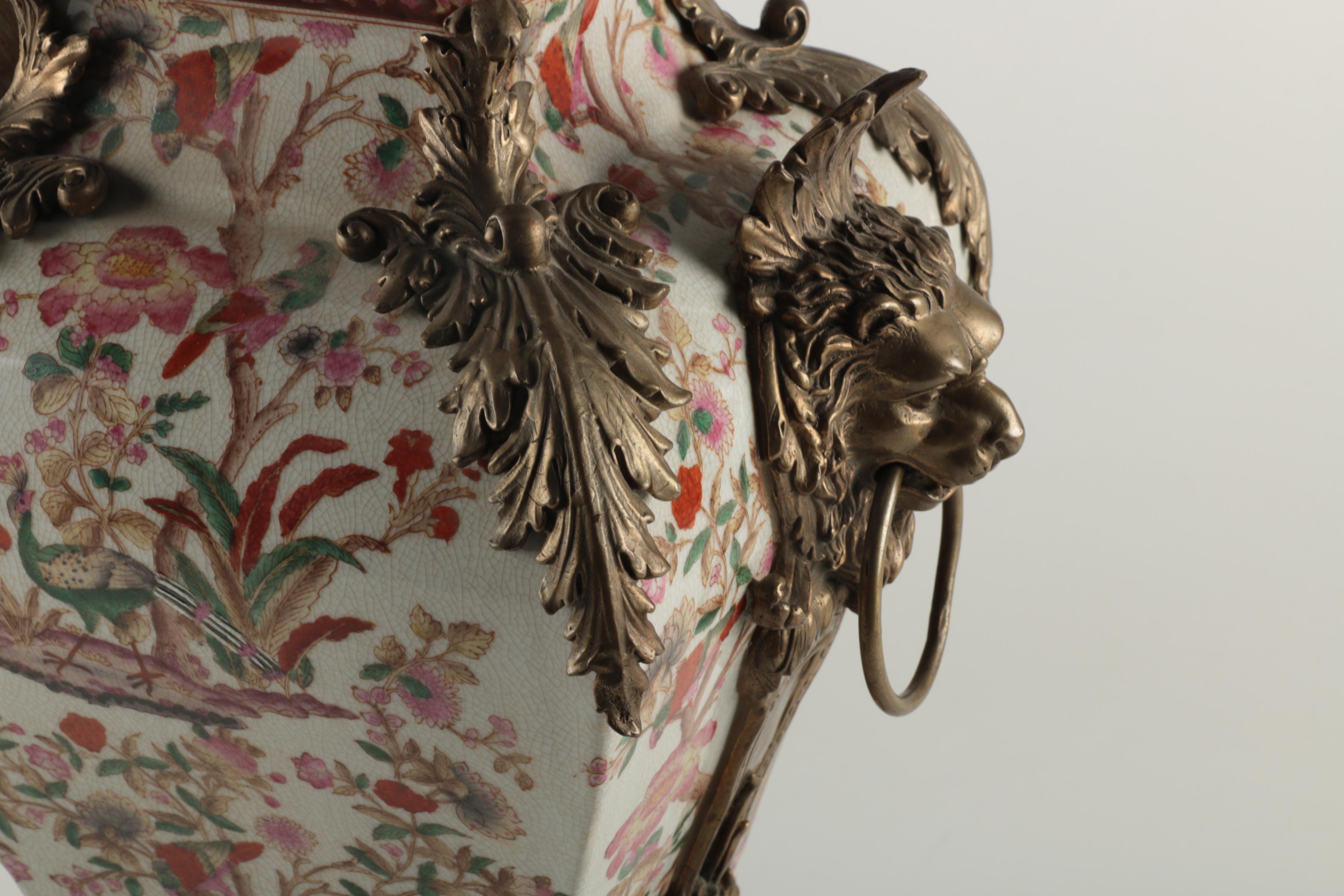Chinoiserie Porcelain Vase with Brass Tone Ormolu Accents