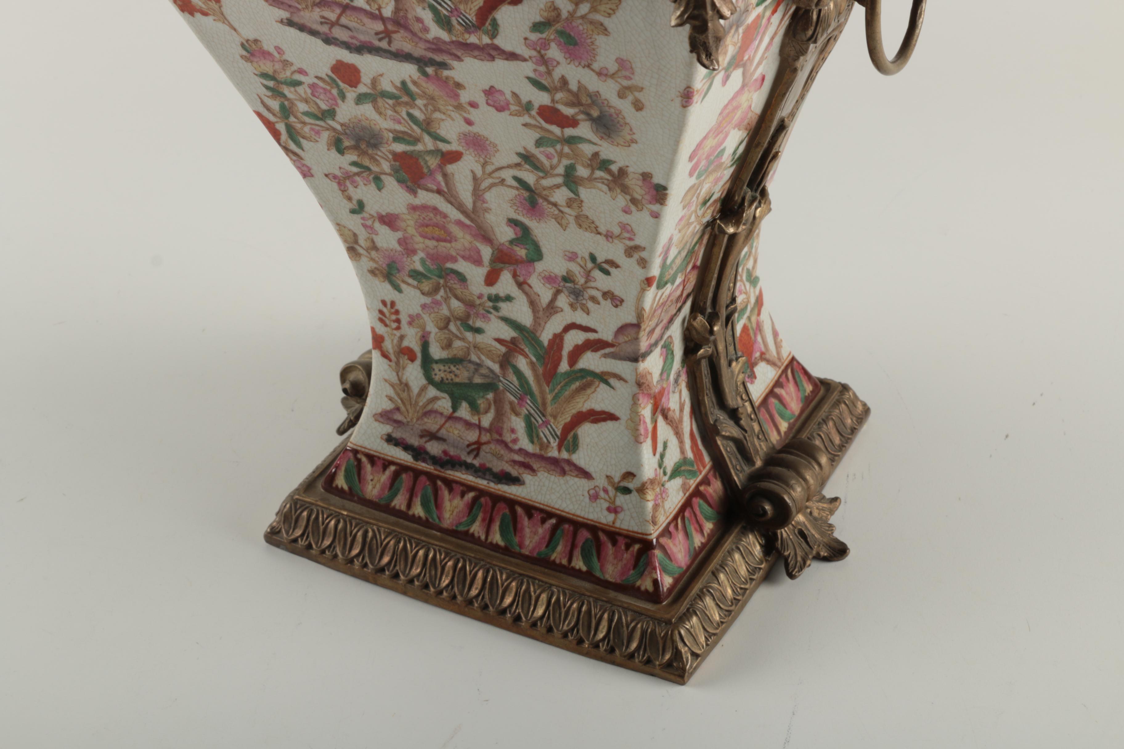 Chinoiserie Porcelain Vase with Brass Tone Ormolu Accents