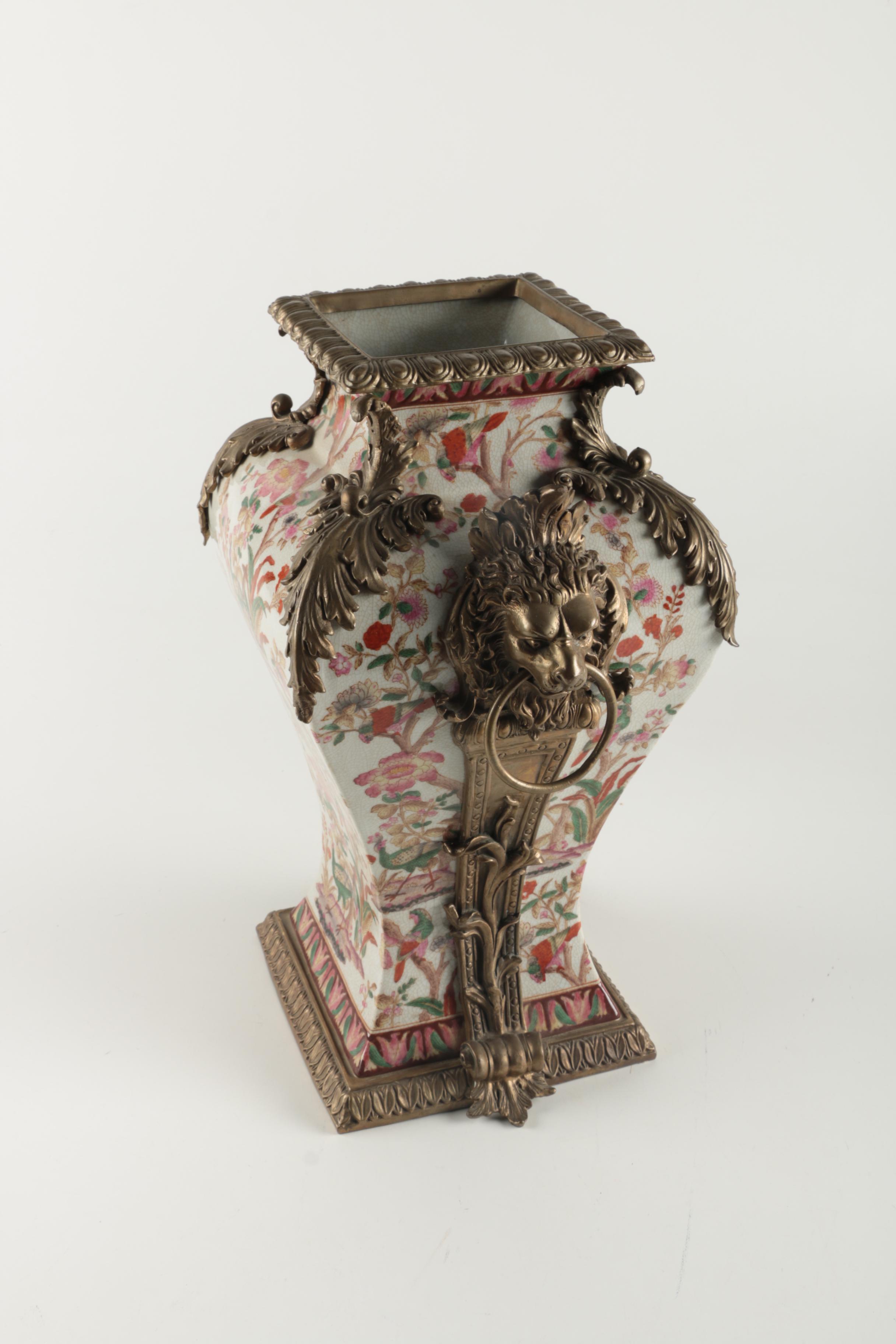Chinoiserie Porcelain Vase with Brass Tone Ormolu Accents