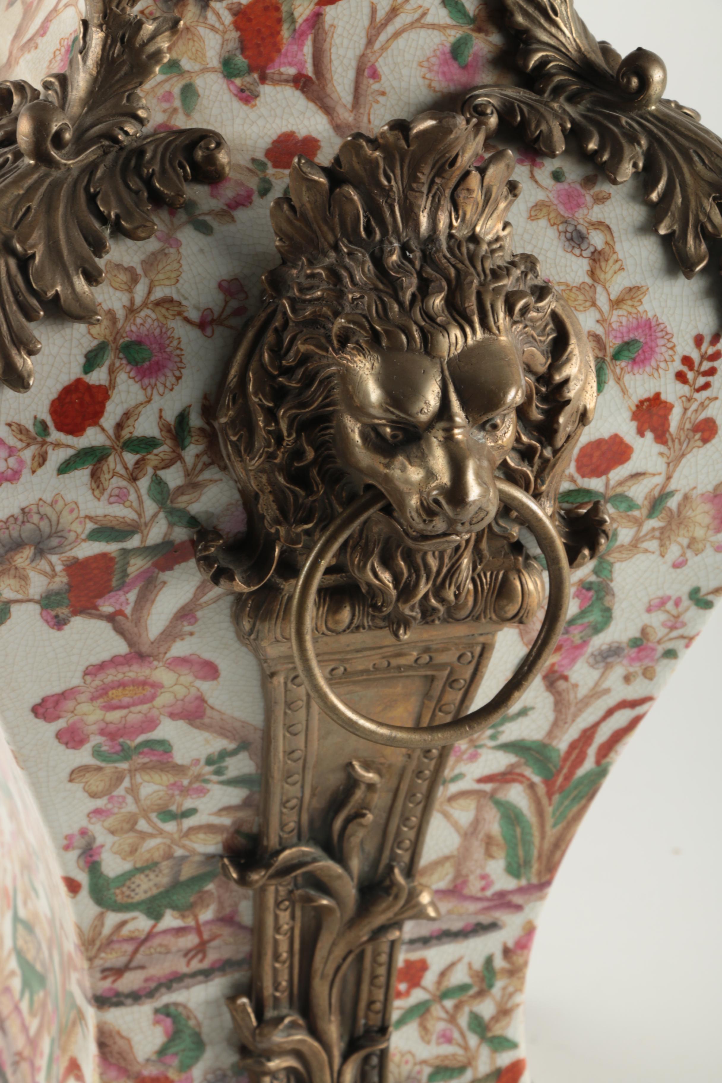 Chinoiserie Porcelain Vase with Brass Tone Ormolu Accents