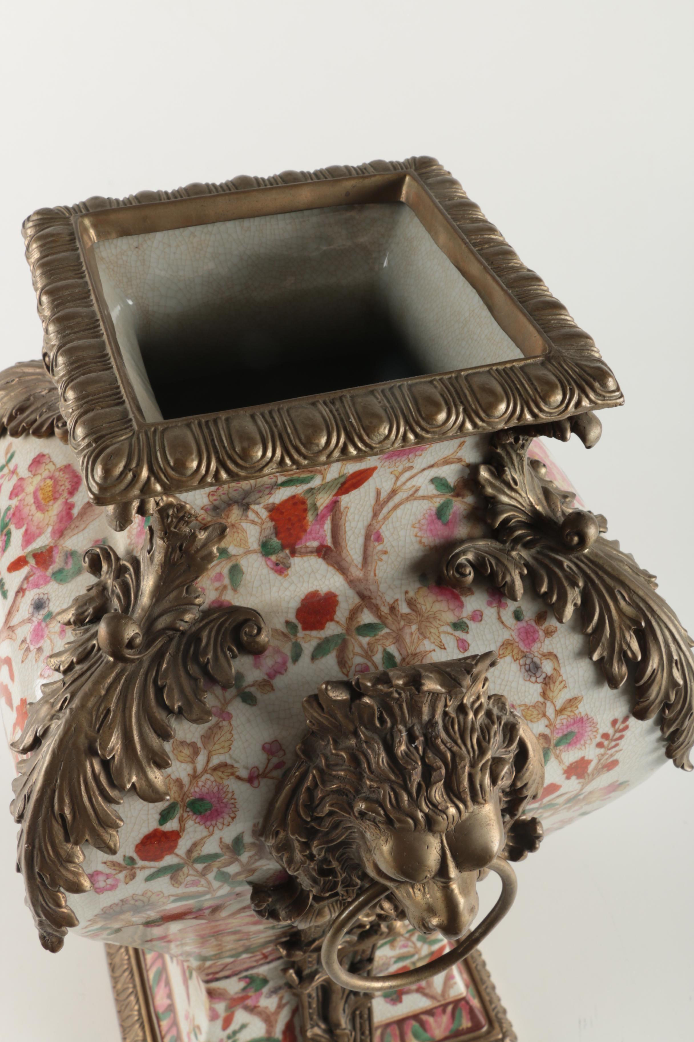 Chinoiserie Porcelain Vase with Brass Tone Ormolu Accents