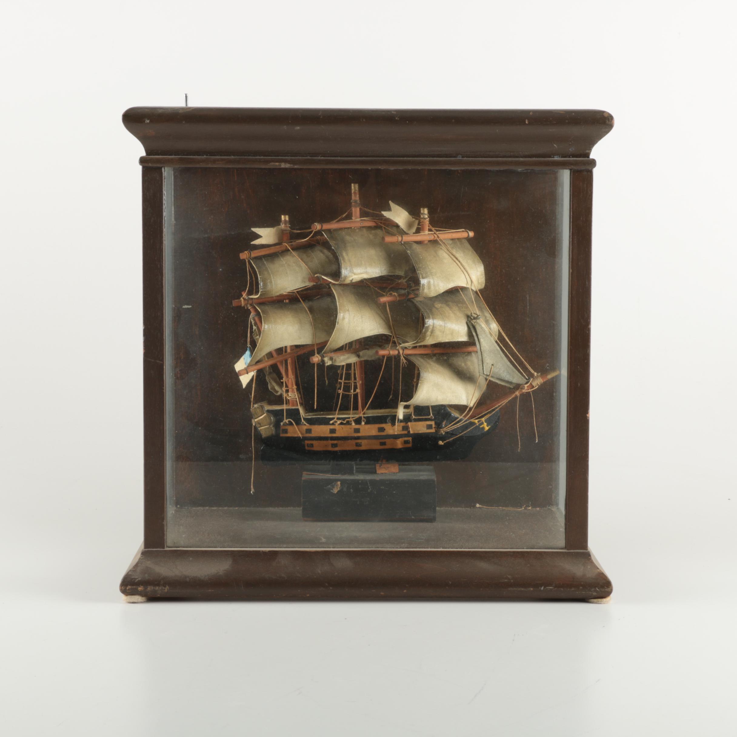 Vintage Ship Model in Glass and Wood Case