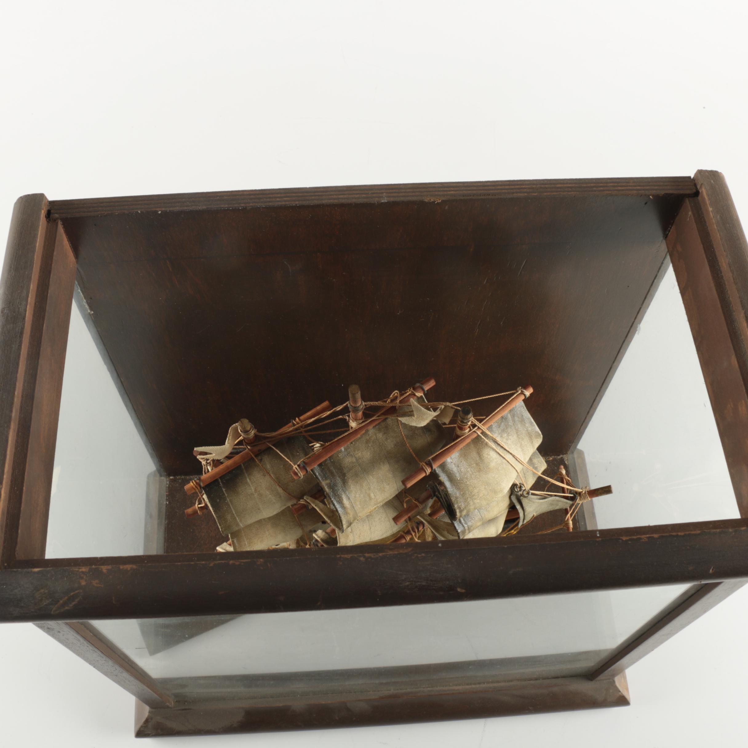 Vintage Ship Model in Glass and Wood Case
