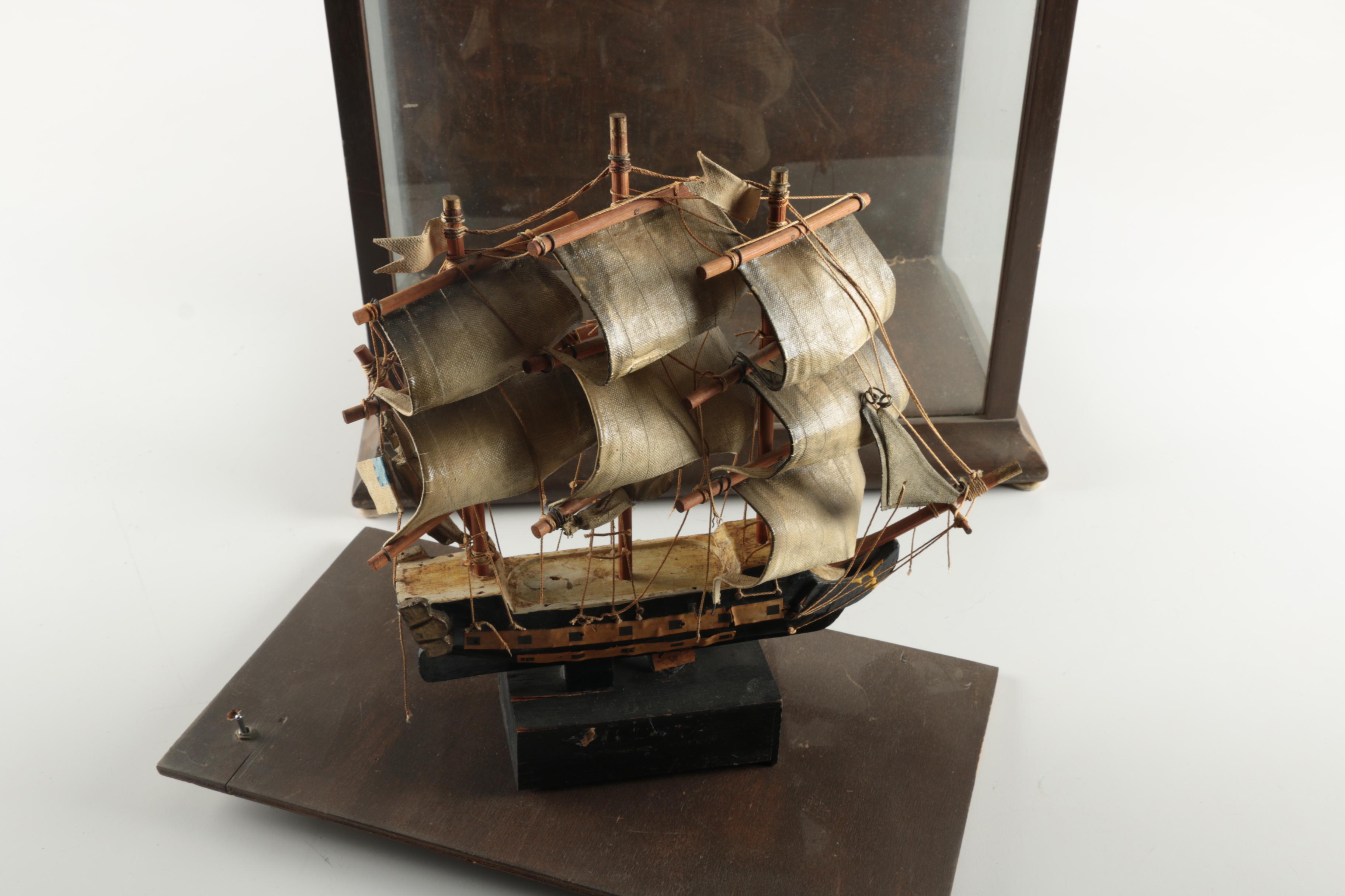 Vintage Ship Model in Glass and Wood Case
