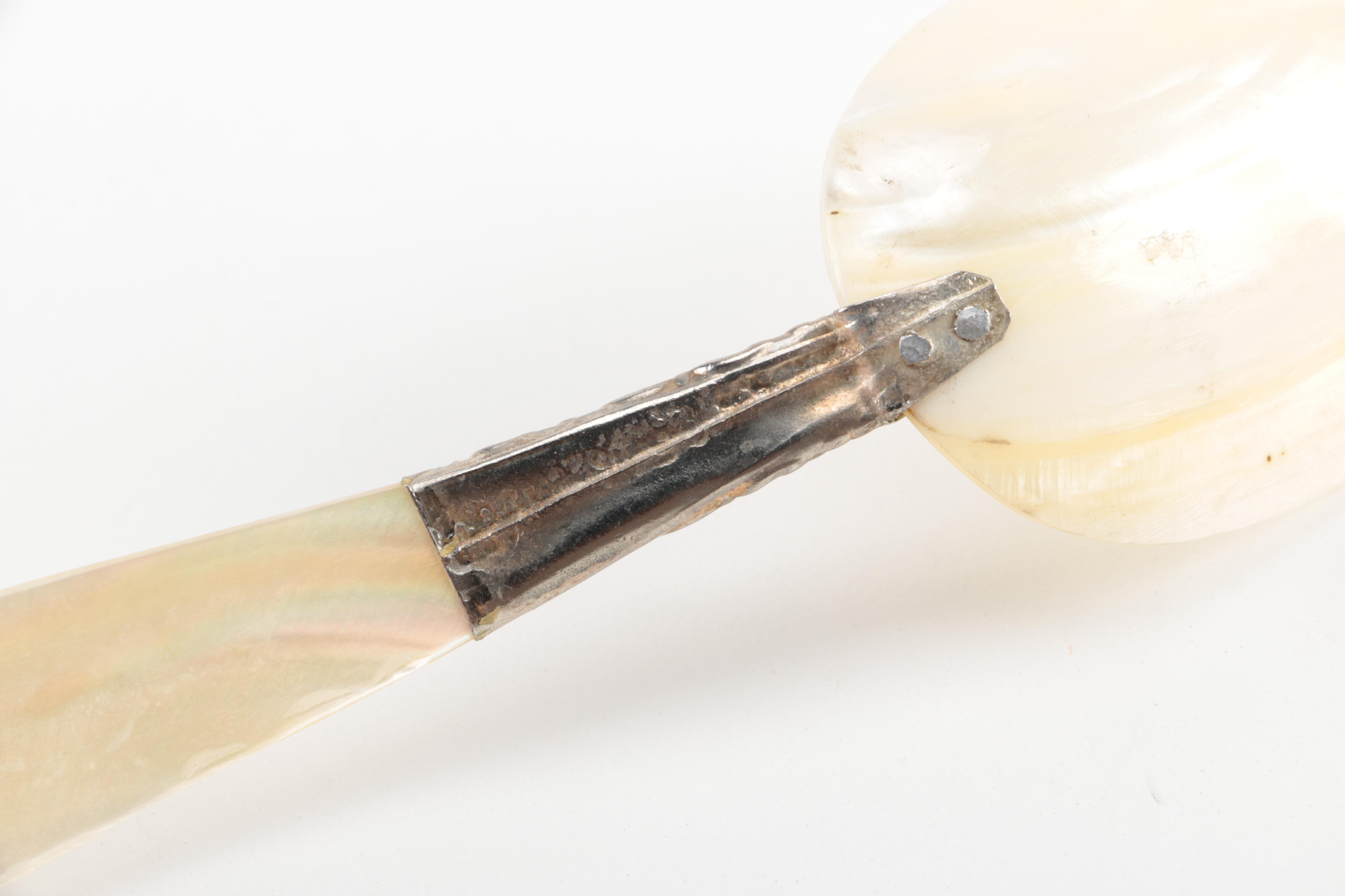 Mother of Pearl and Shell Serving Utensils with Silver Tone Accents