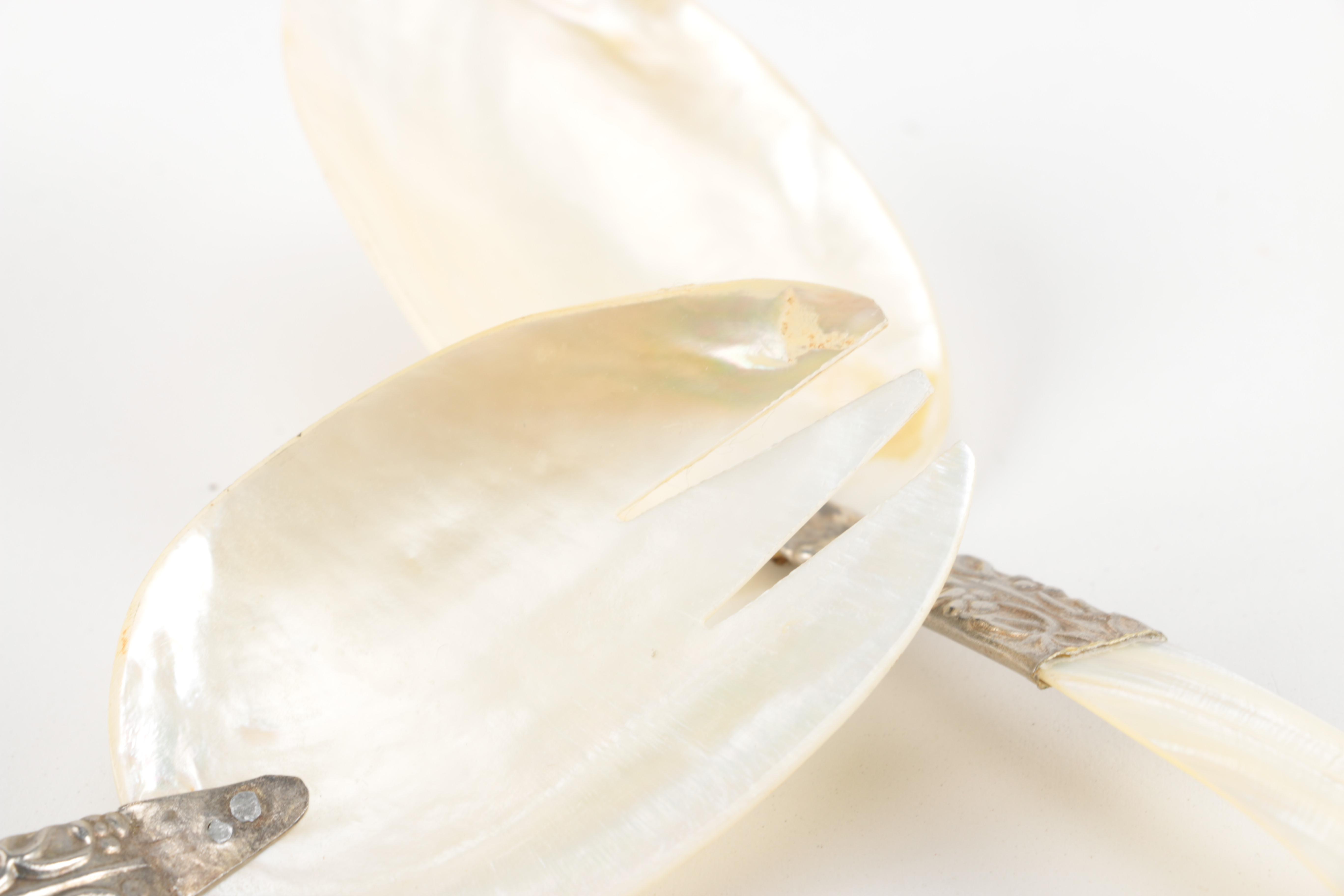 Mother of Pearl and Shell Serving Utensils with Silver Tone Accents