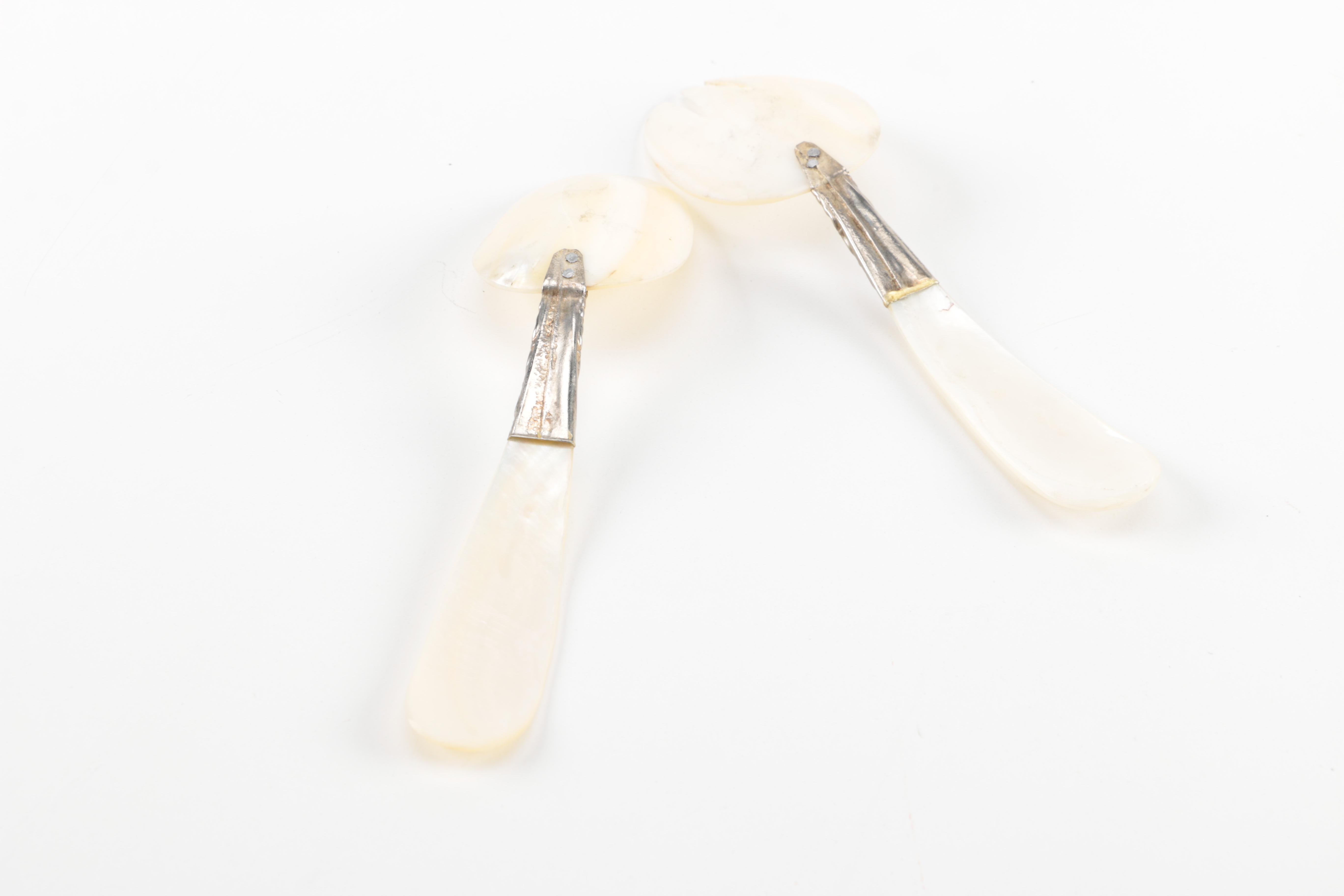 Mother of Pearl and Shell Serving Utensils with Silver Tone Accents