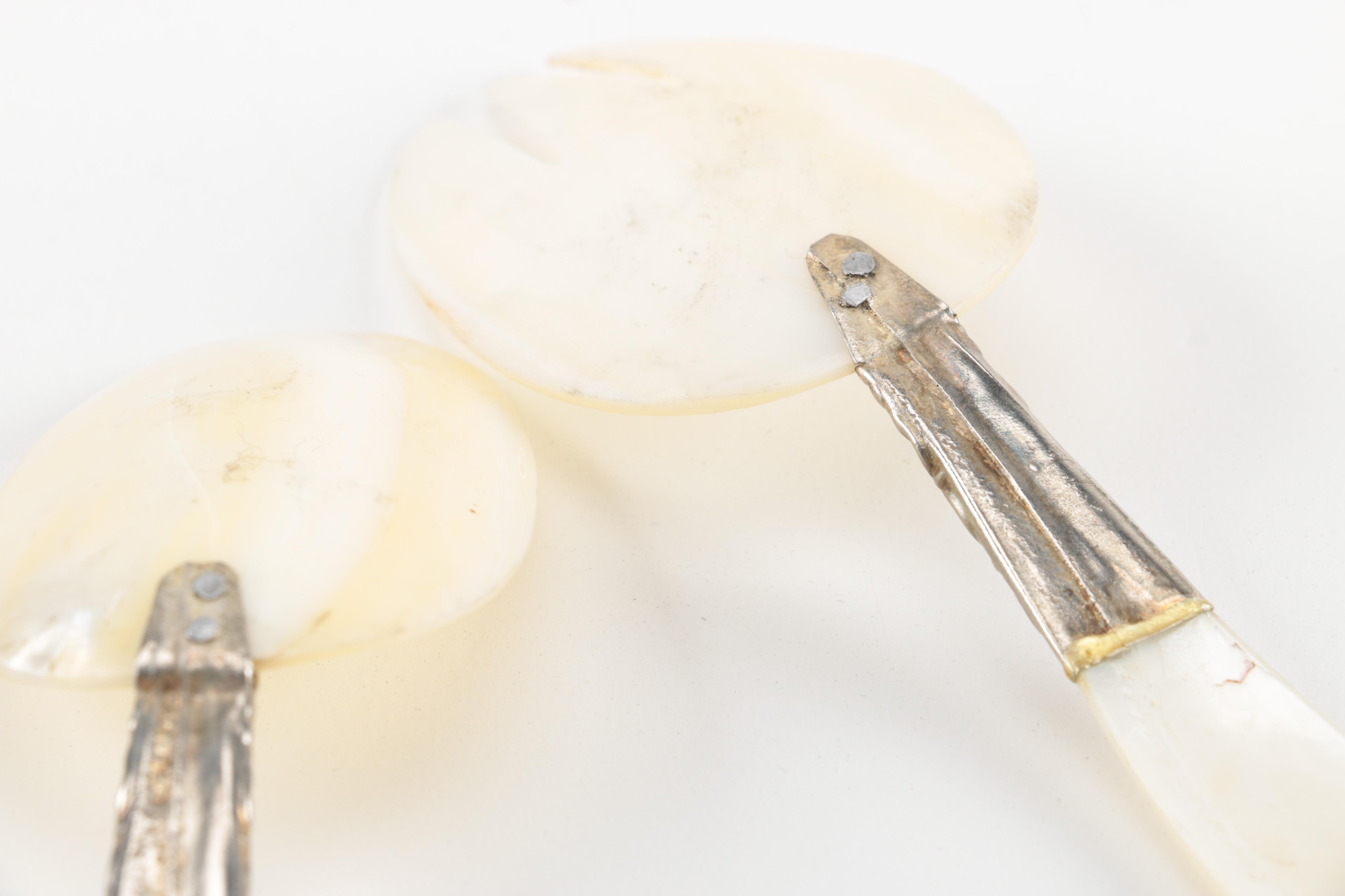 Mother of Pearl and Shell Serving Utensils with Silver Tone Accents