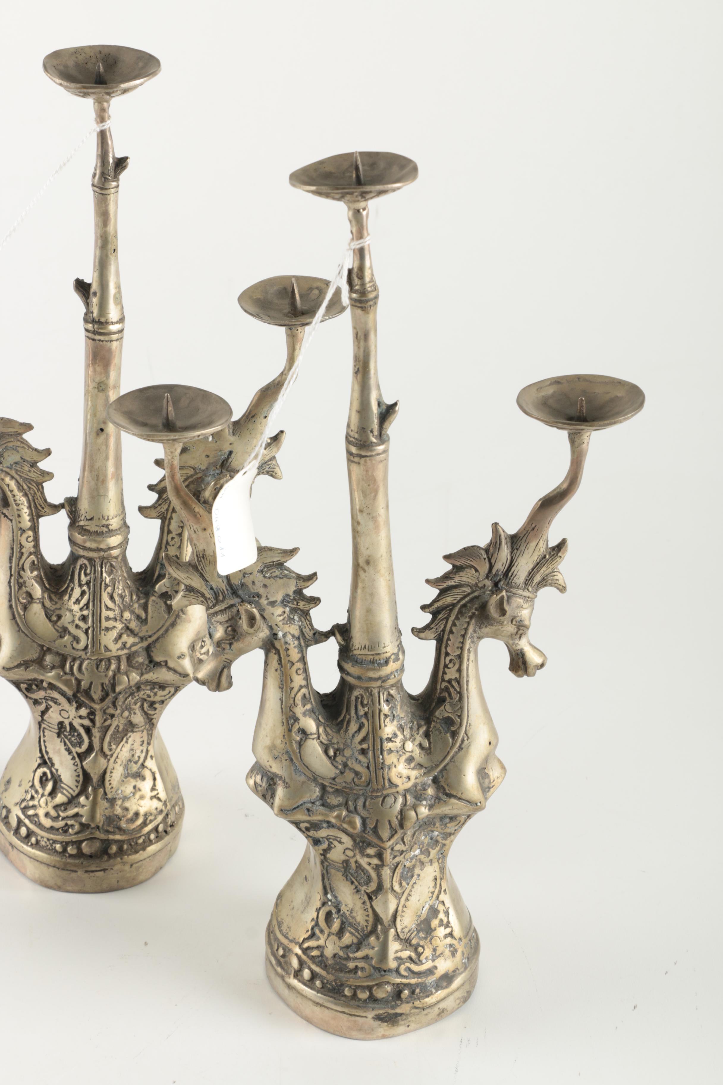 Pair of Brass Asian Inspired Horse Themed Candleholders