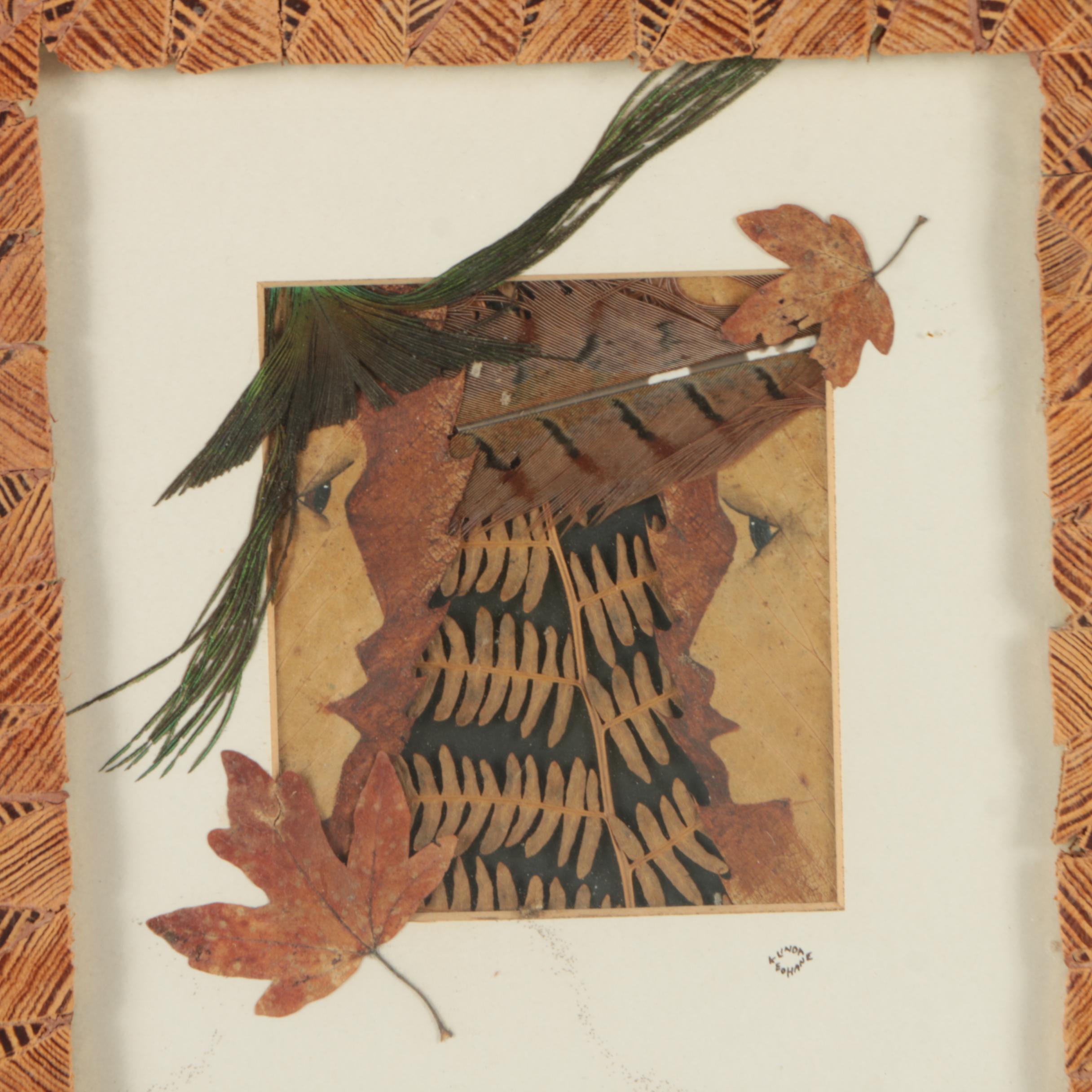 Linda Keohane Mixed Media Collage with Leaves and Feathers