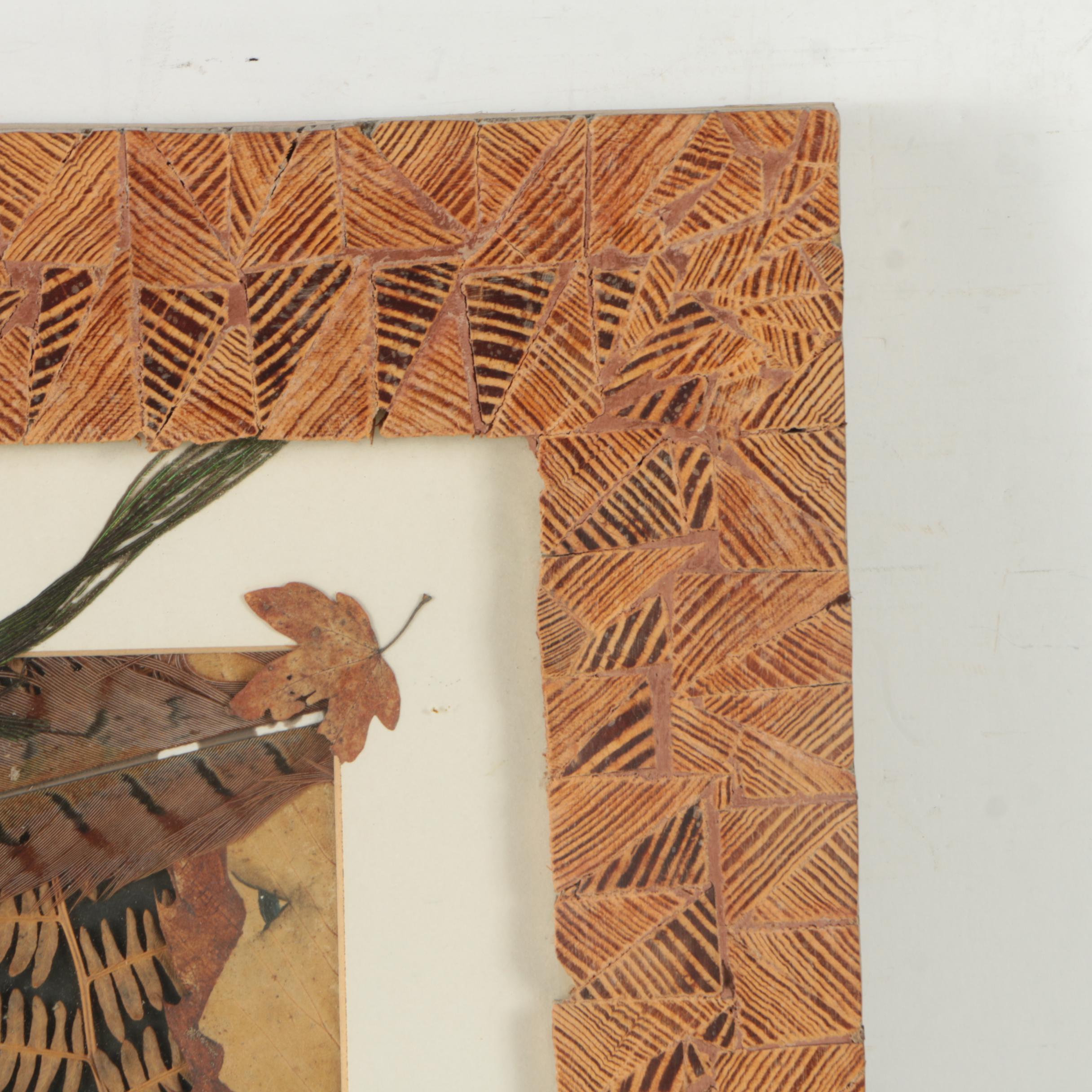 Linda Keohane Mixed Media Collage with Leaves and Feathers