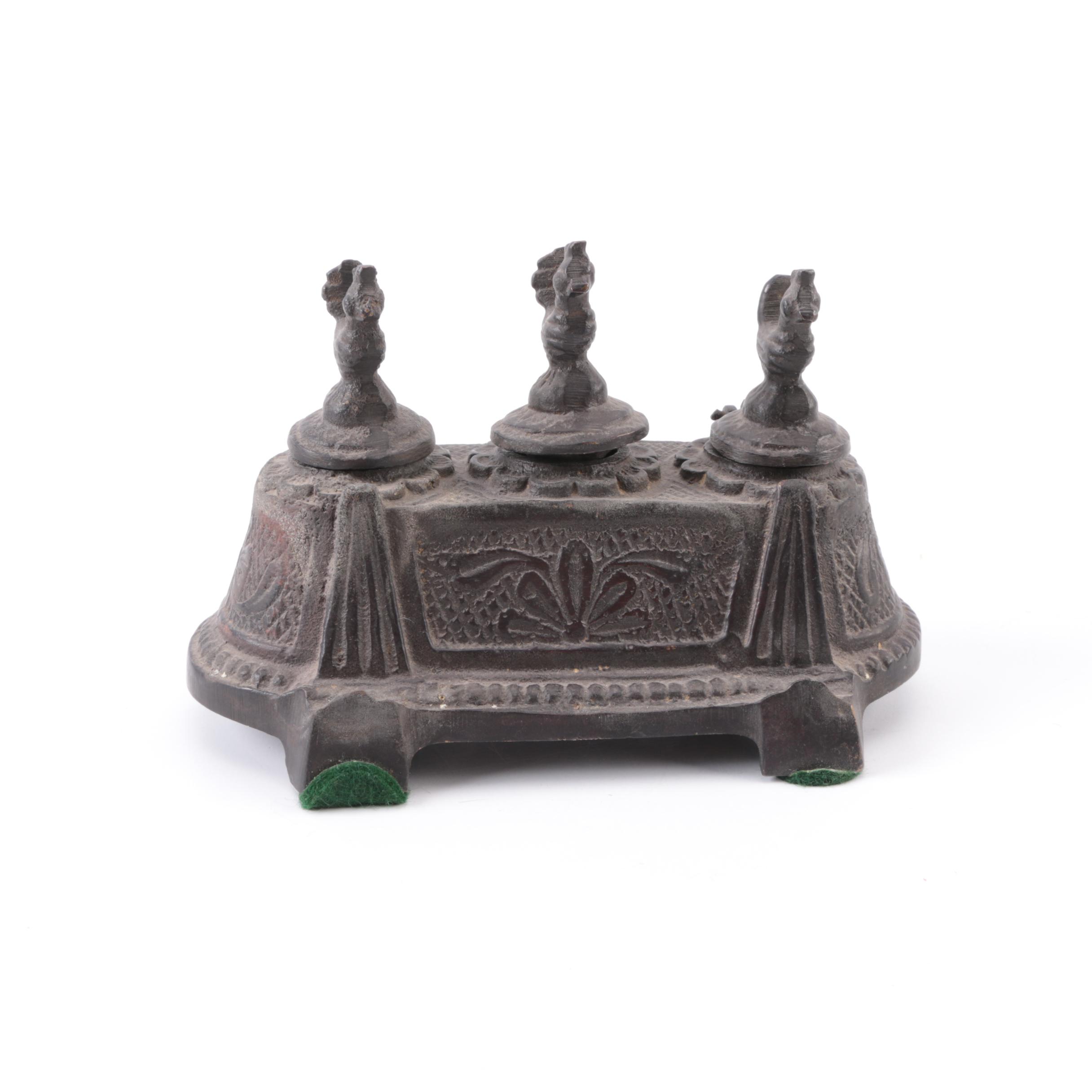 Three Slot Cast Metal Inkwell