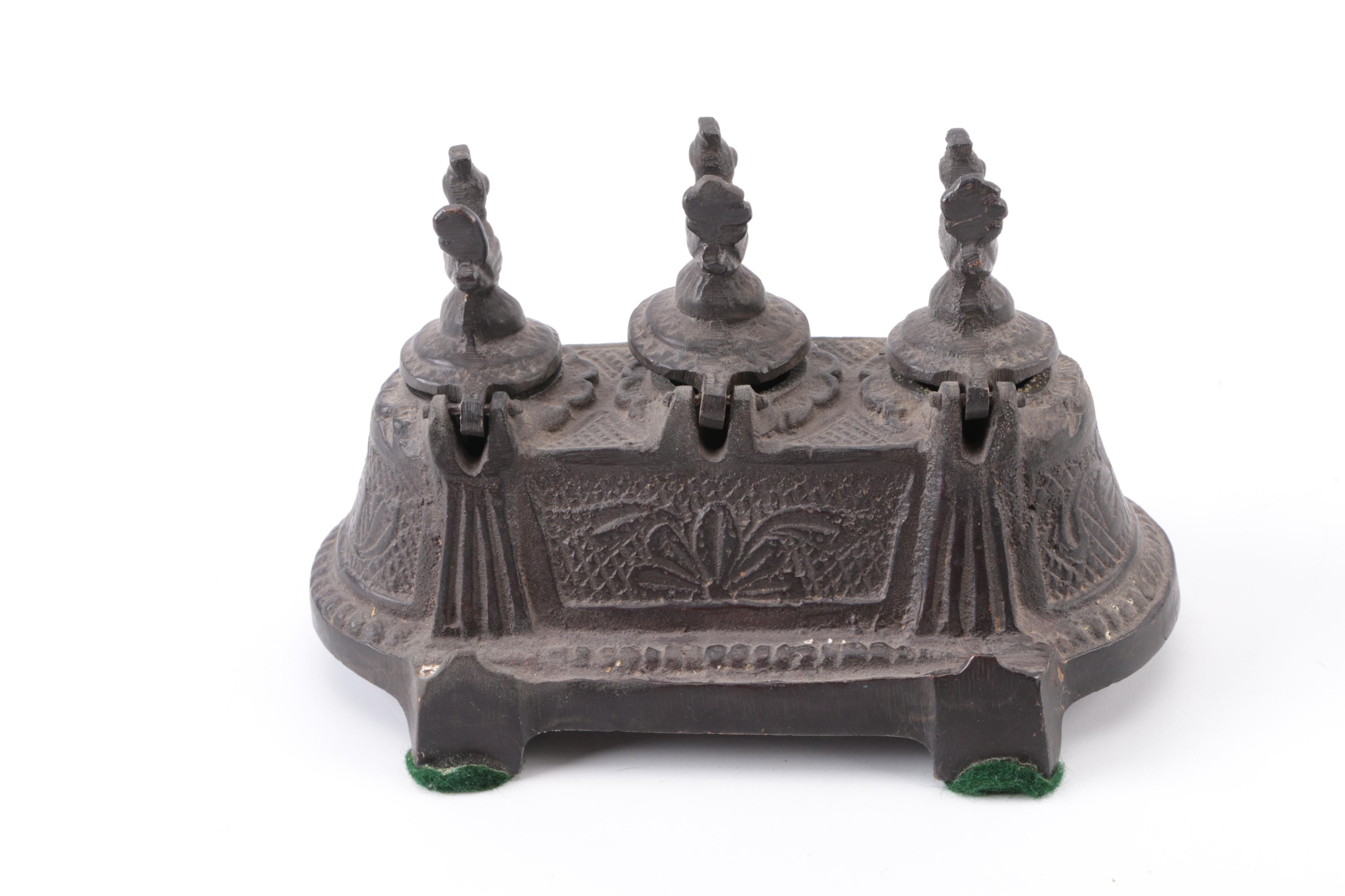 Three Slot Cast Metal Inkwell