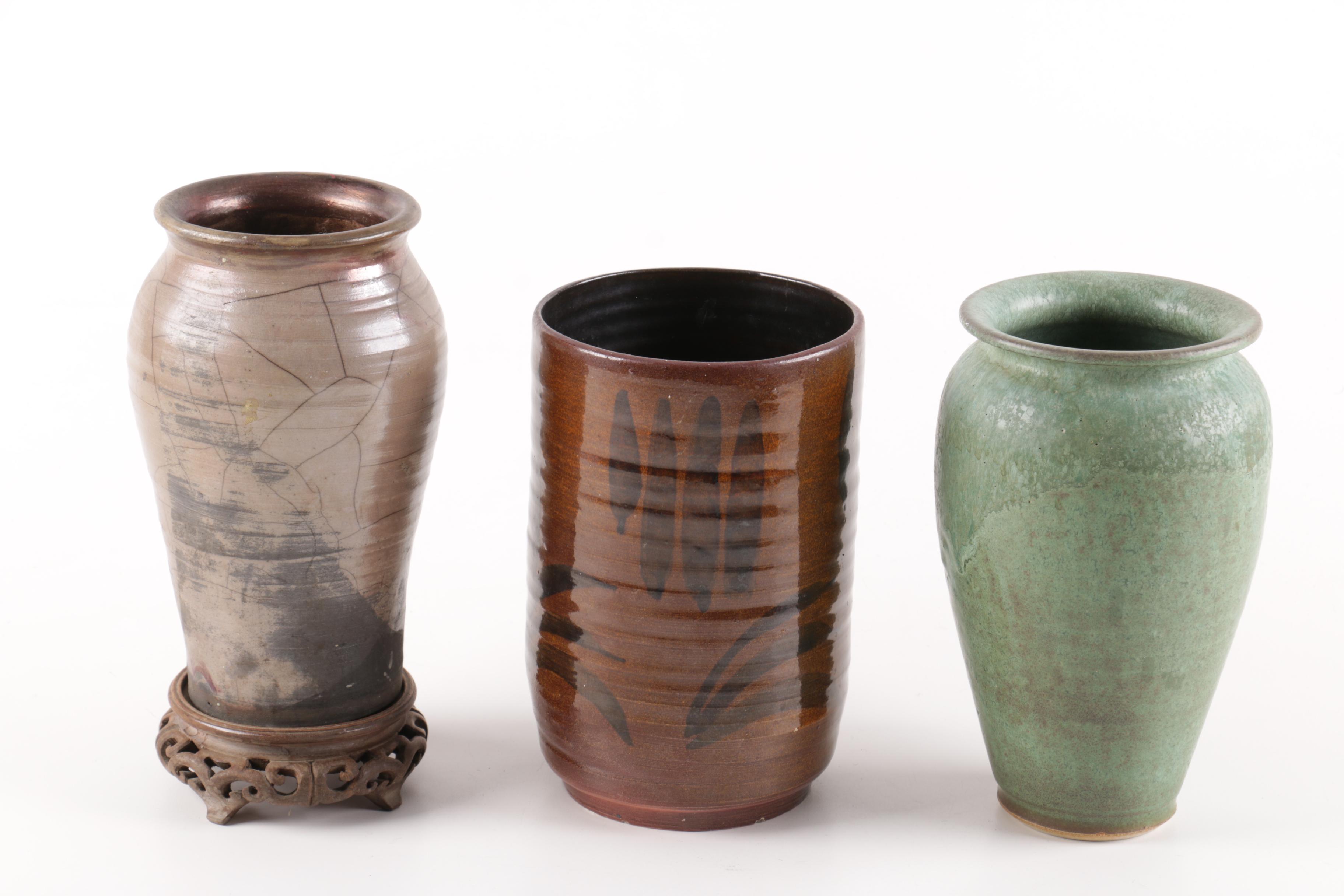 Thrown and Handbuilt Stoneware Vases and Box with Decorative Grapes