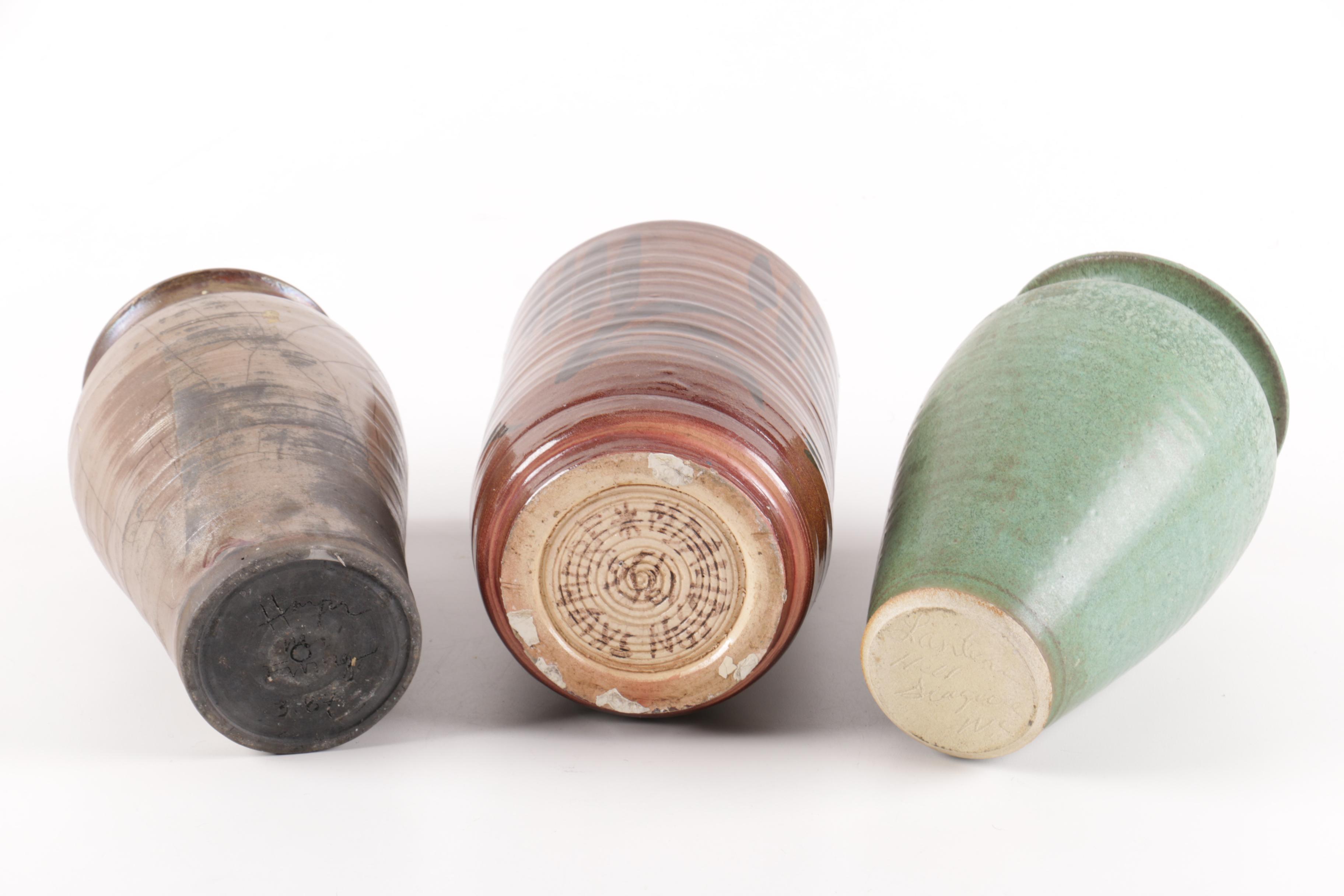 Thrown and Handbuilt Stoneware Vases and Box with Decorative Grapes