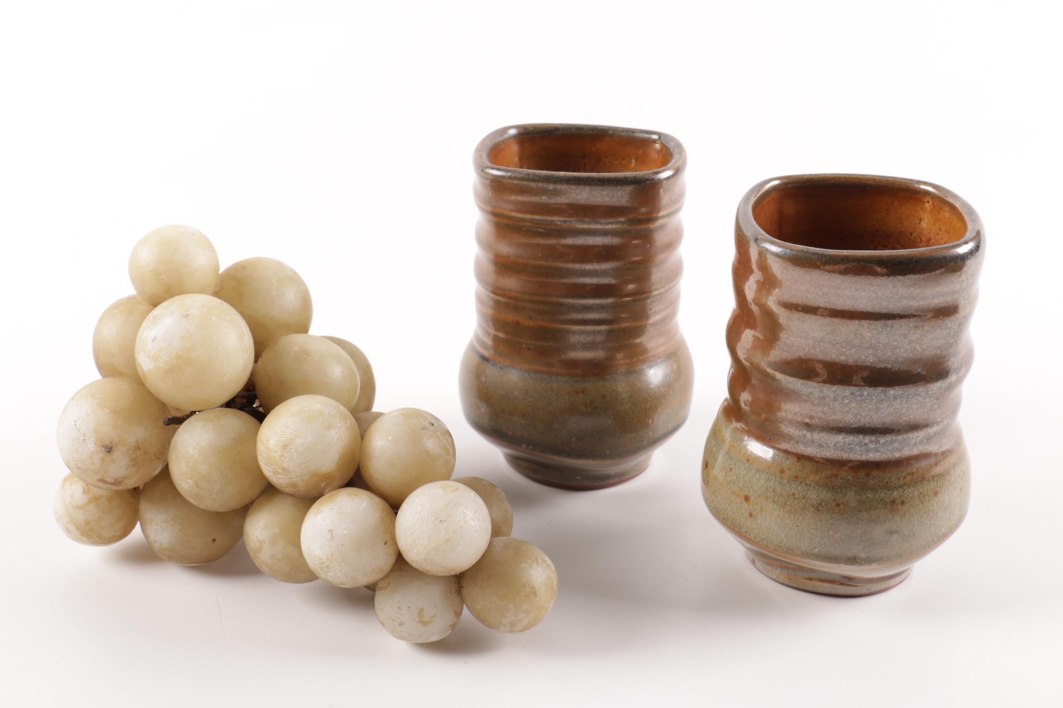Thrown and Handbuilt Stoneware Vases and Box with Decorative Grapes
