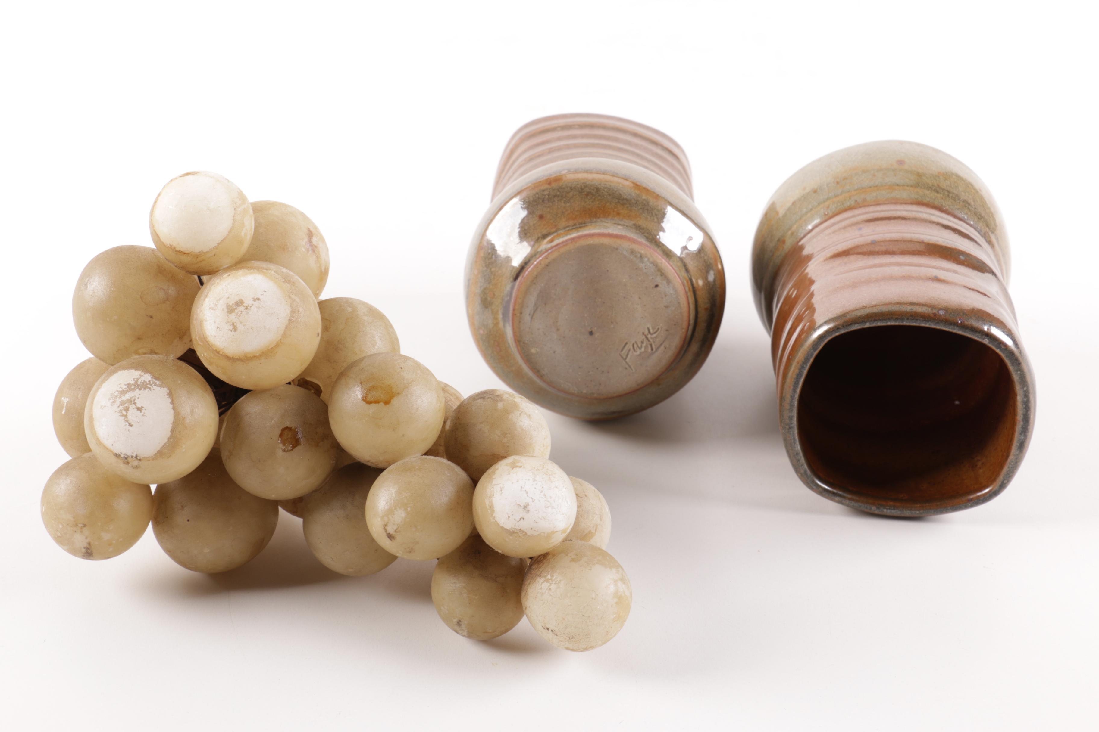 Thrown and Handbuilt Stoneware Vases and Box with Decorative Grapes