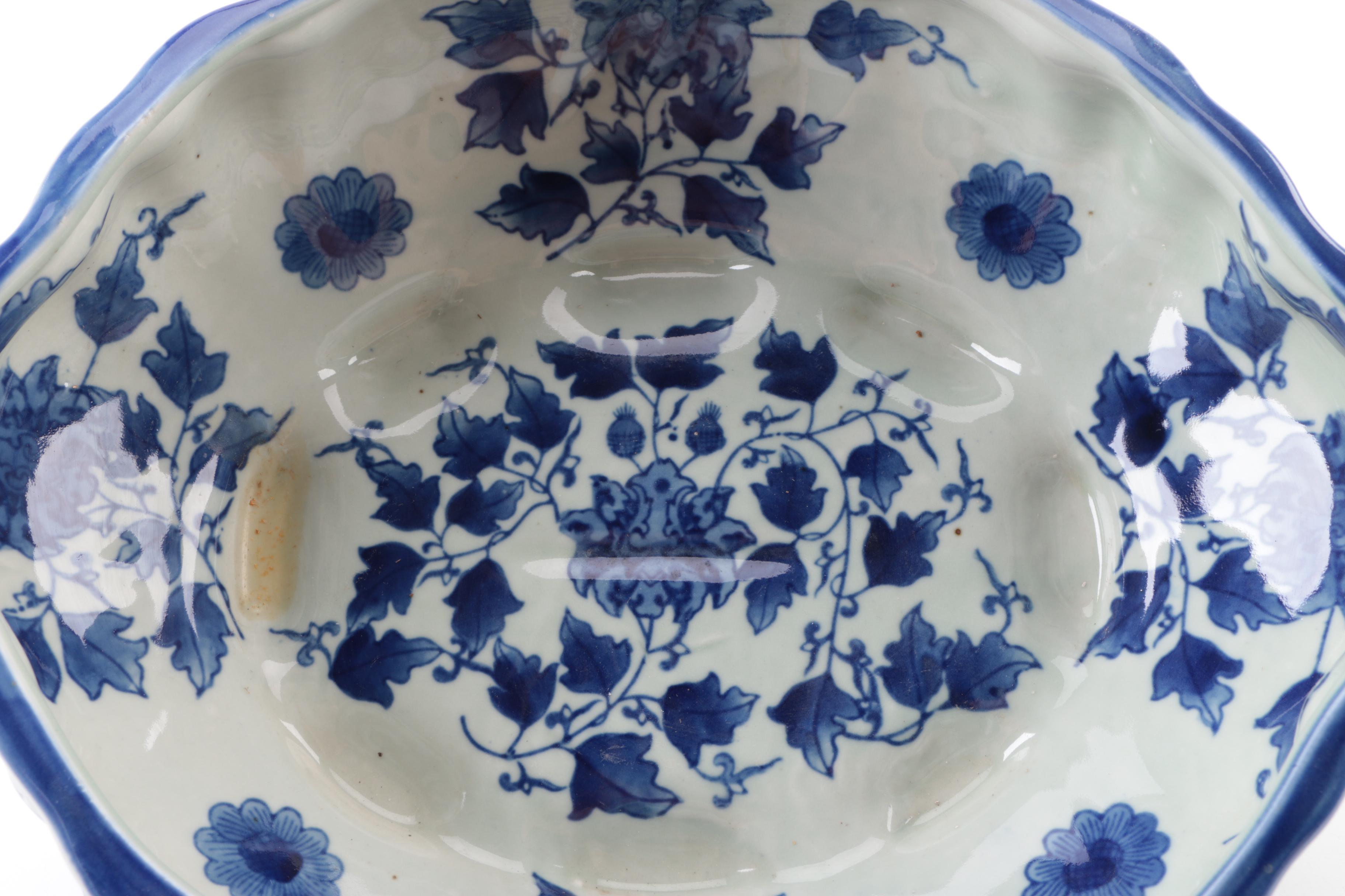 Reproduction Blue and White Oval Serving Bowl with Pitcher