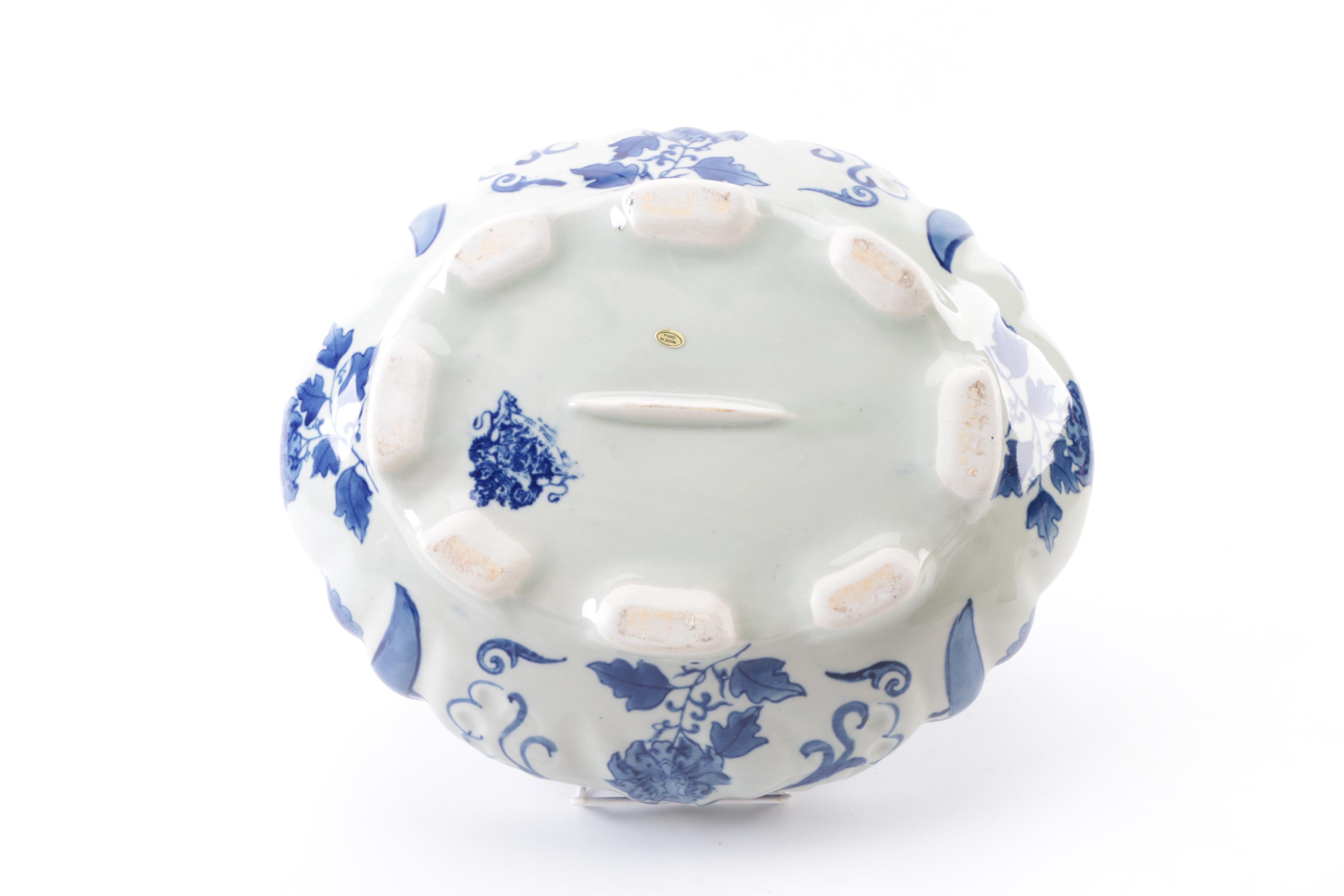 Reproduction Blue and White Oval Serving Bowl with Pitcher