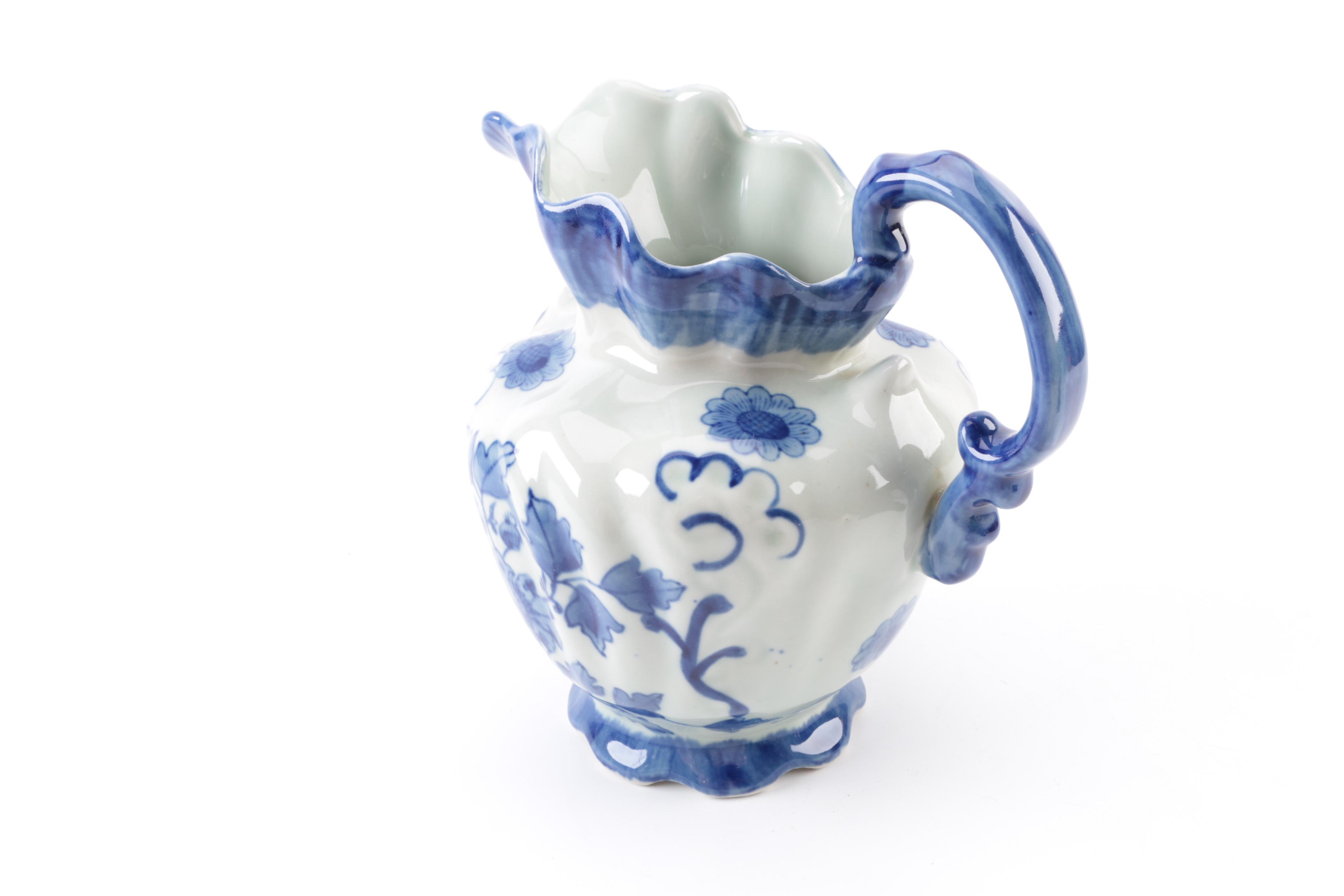 Reproduction Blue and White Oval Serving Bowl with Pitcher