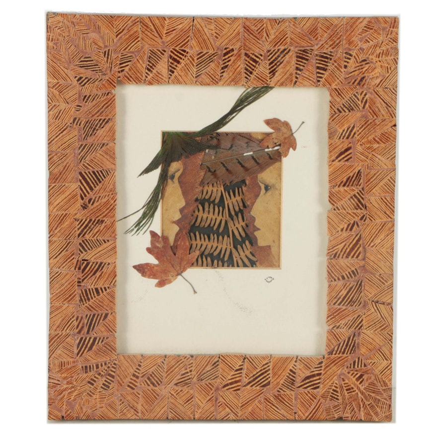 Linda Keohane Mixed Media Collage with Leaves and Feathers