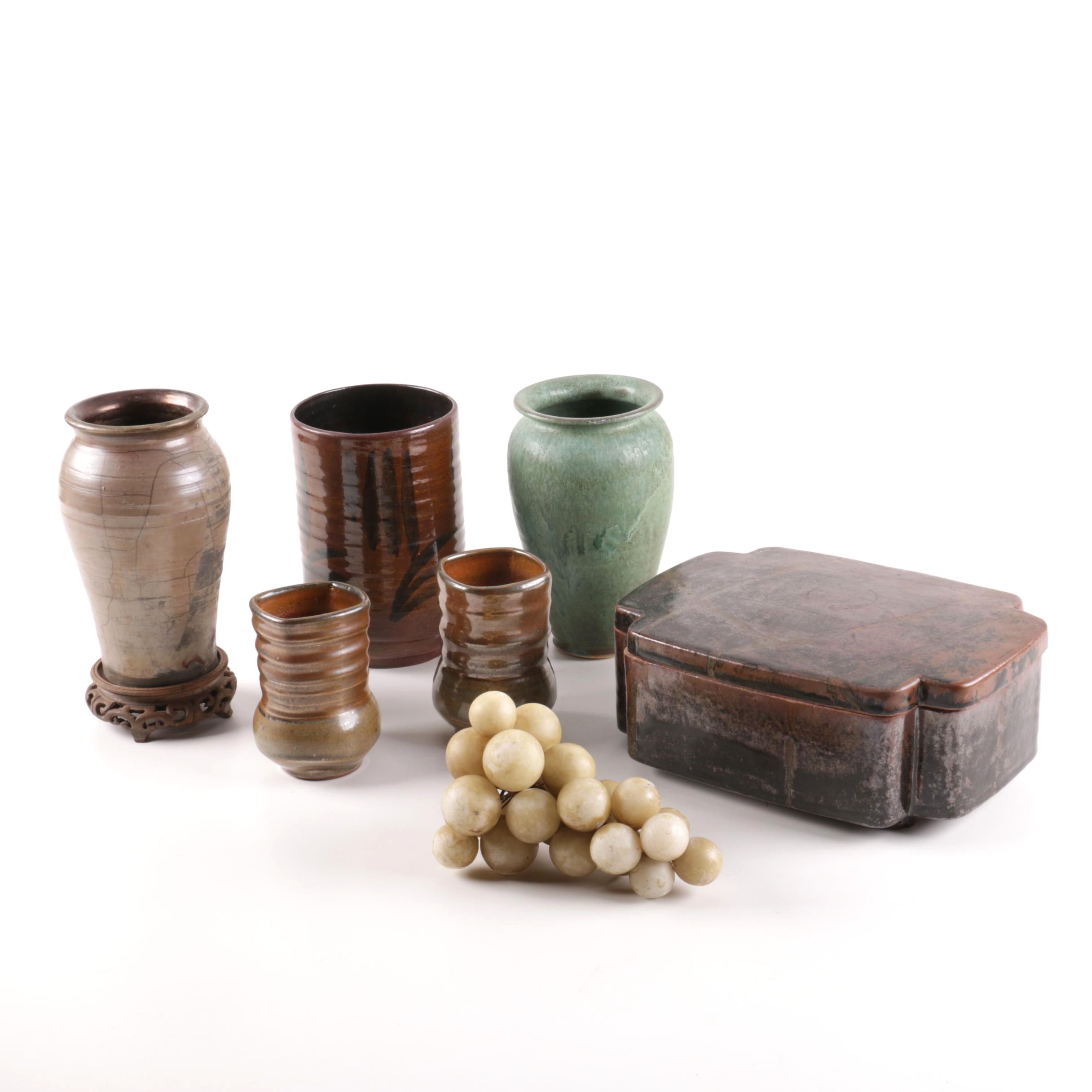 Thrown and Handbuilt Stoneware Vases and Box with Decorative Grapes