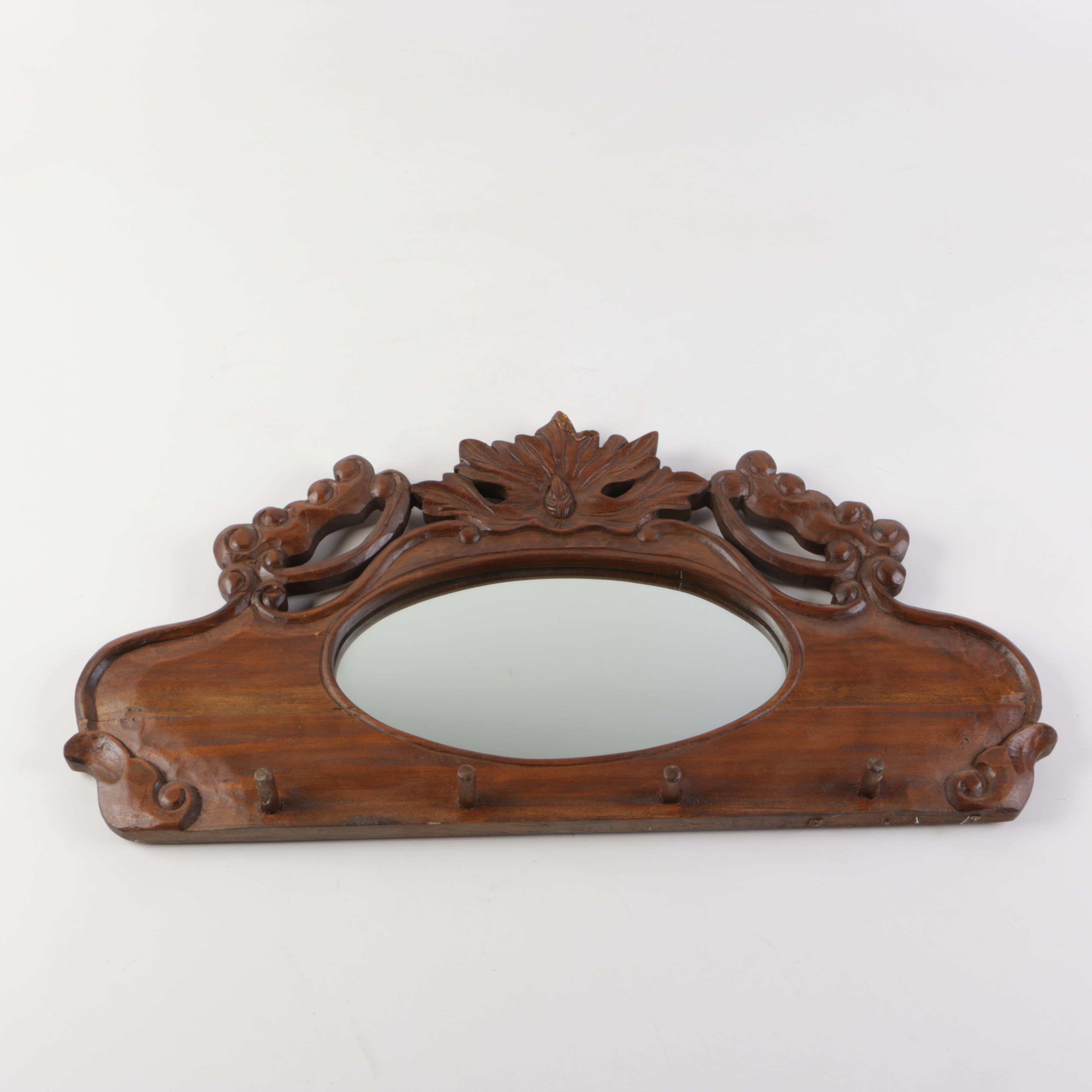 Vintage Carved Wood Wall Mirror With Pegs