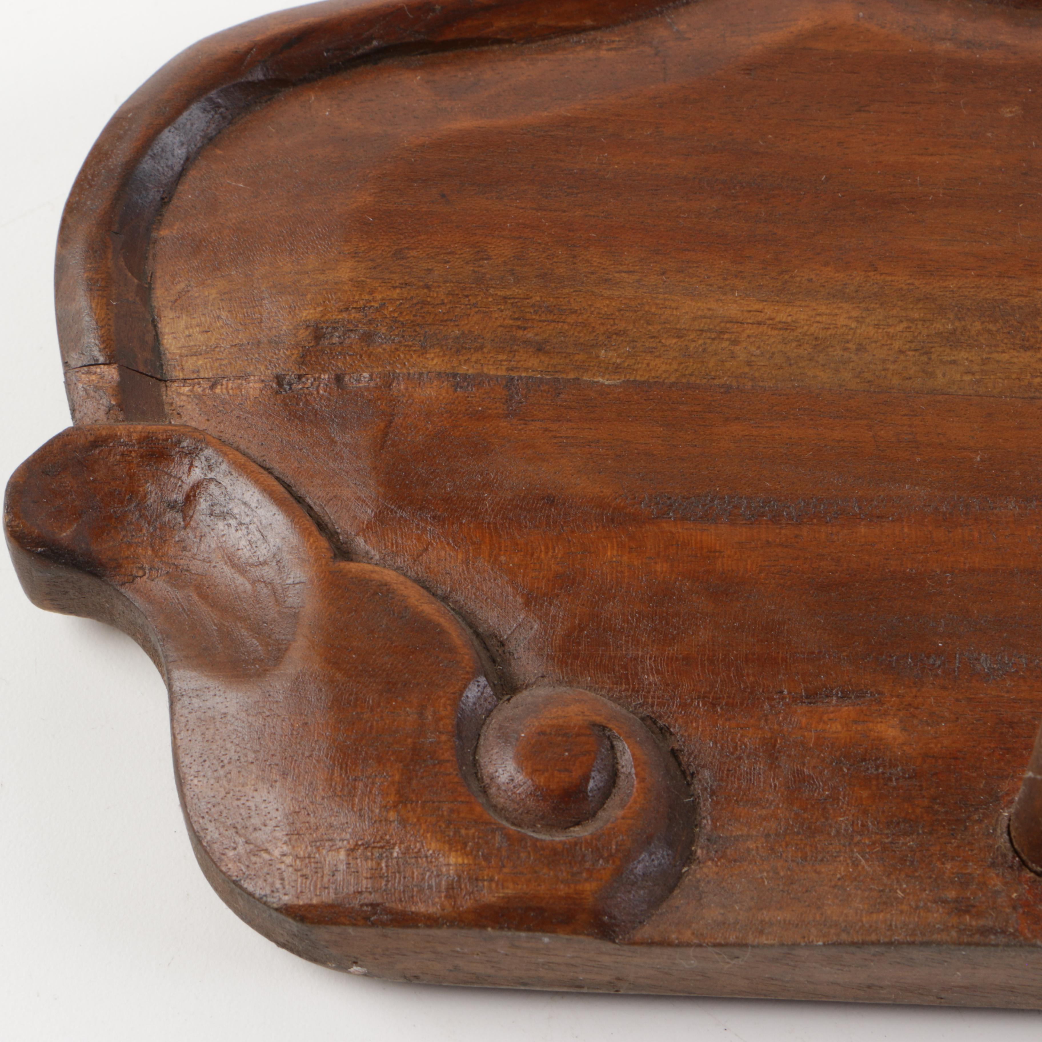 Vintage Carved Wood Wall Mirror With Pegs