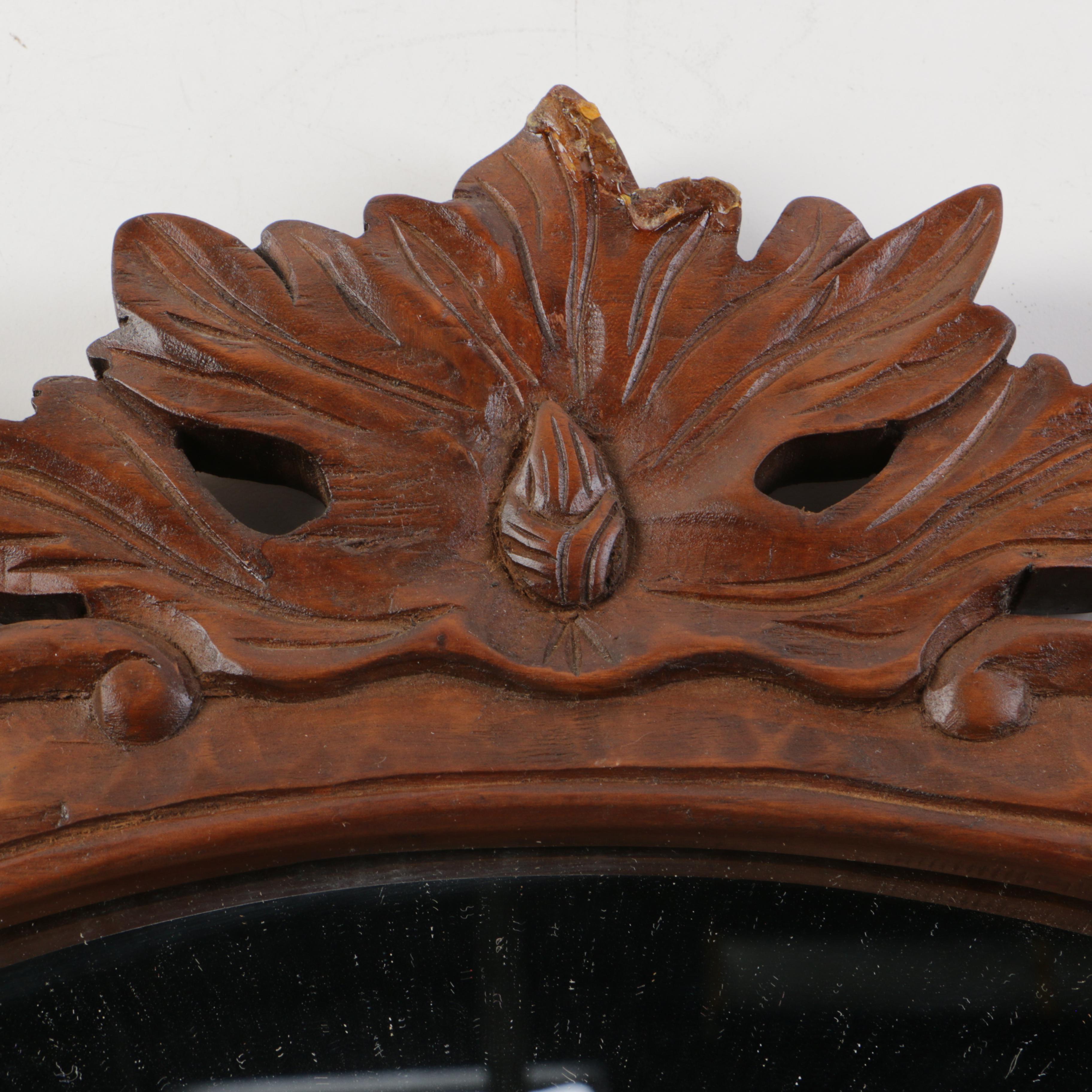 Vintage Carved Wood Wall Mirror With Pegs