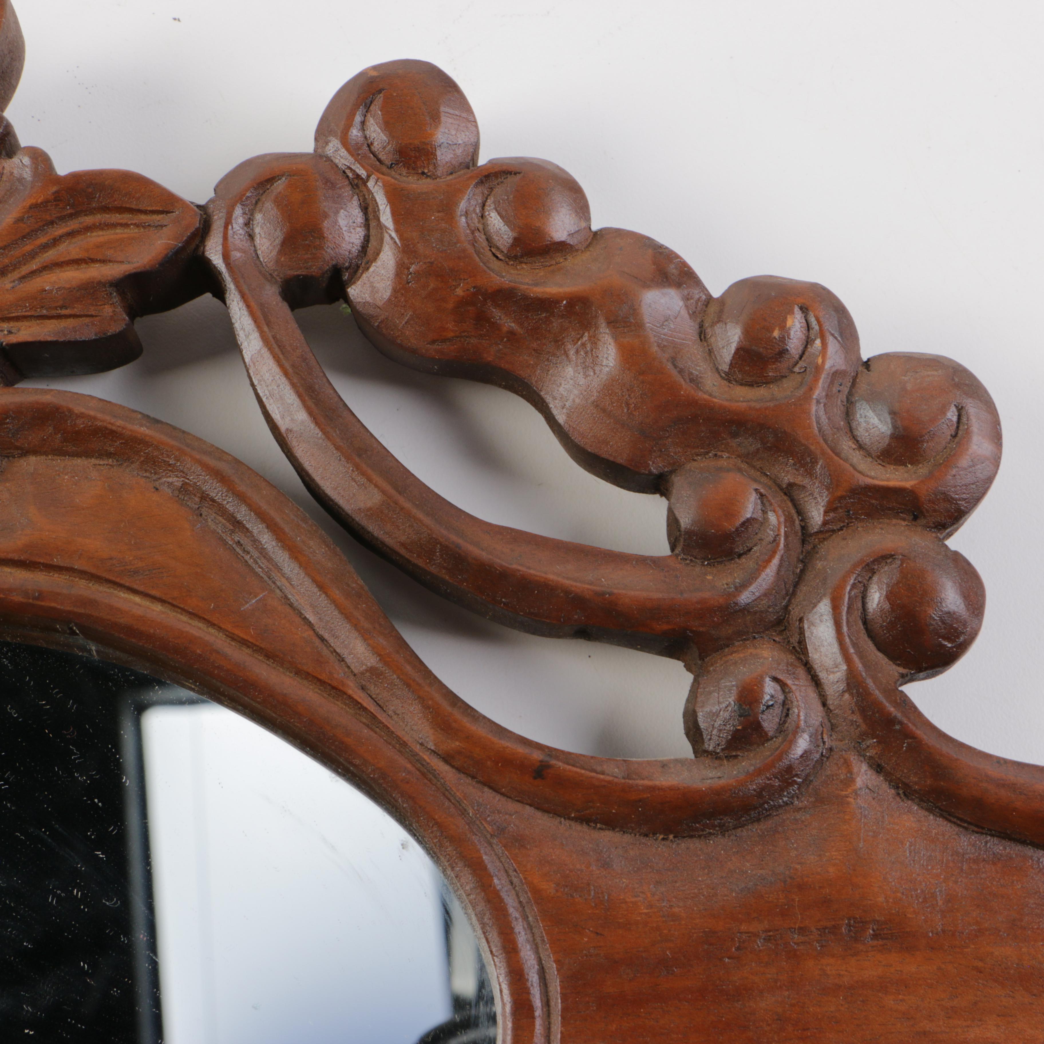 Vintage Carved Wood Wall Mirror With Pegs