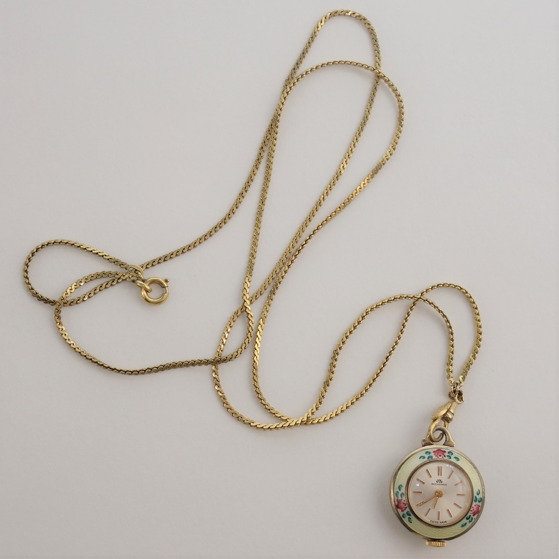 Vintage 17 Jewel Bucherer Enamel Pendant Watch on Chain