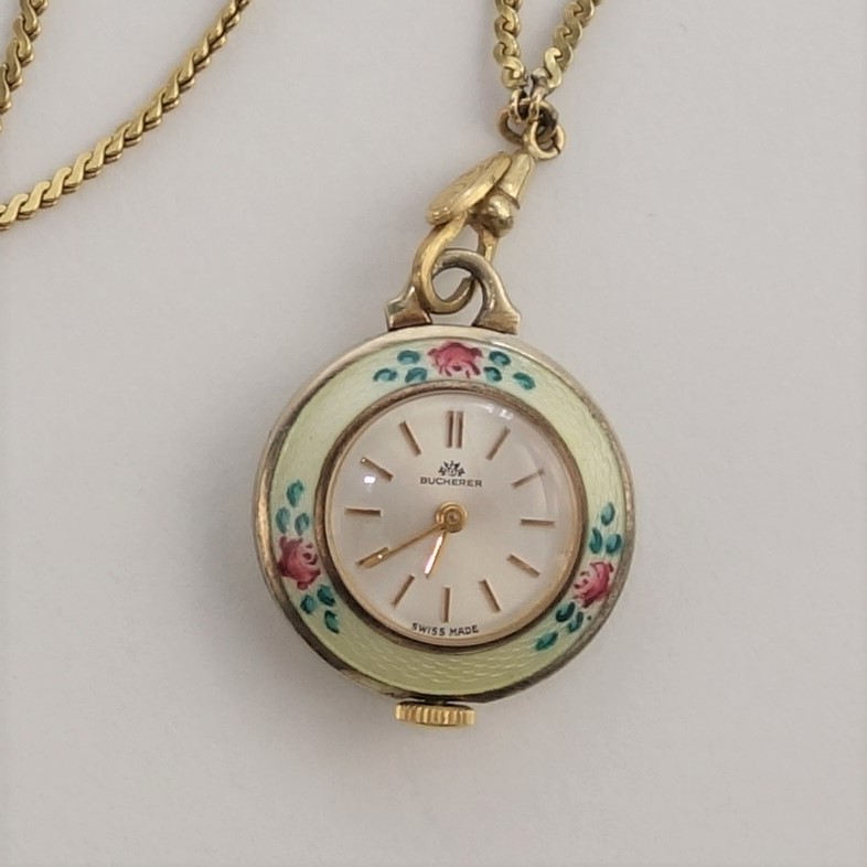 Vintage 17 Jewel Bucherer Enamel Pendant Watch on Chain