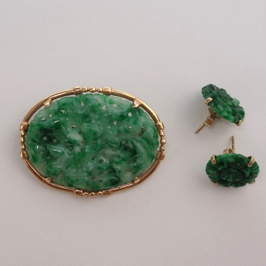 14K Yellow Gold Jadeite Brooch and Earrings