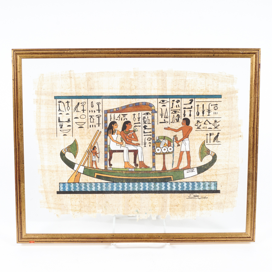 Gouache Painting on Papyrus of Ancient Egyptian Figures and Hieroglyphics