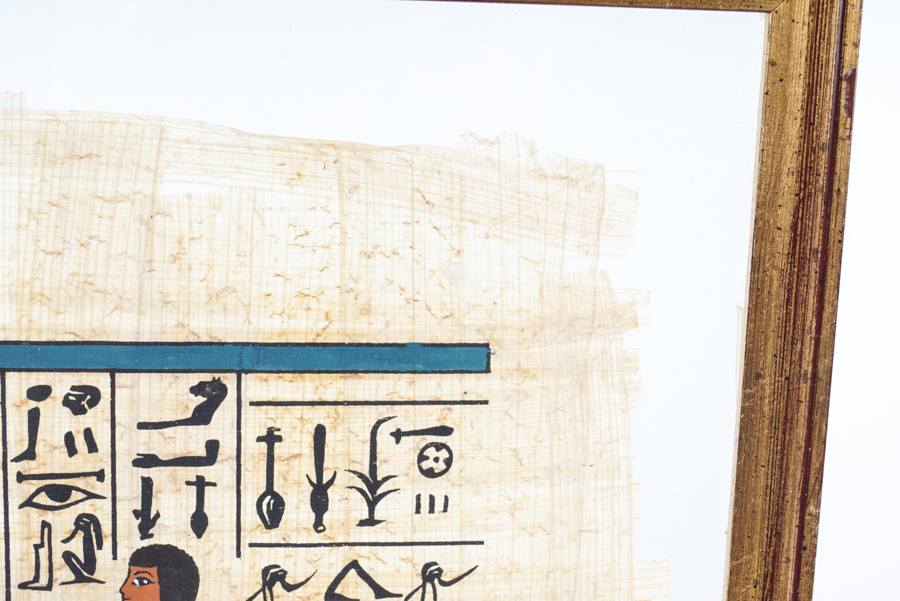 Gouache Painting on Papyrus of Ancient Egyptian Figures and Hieroglyphics